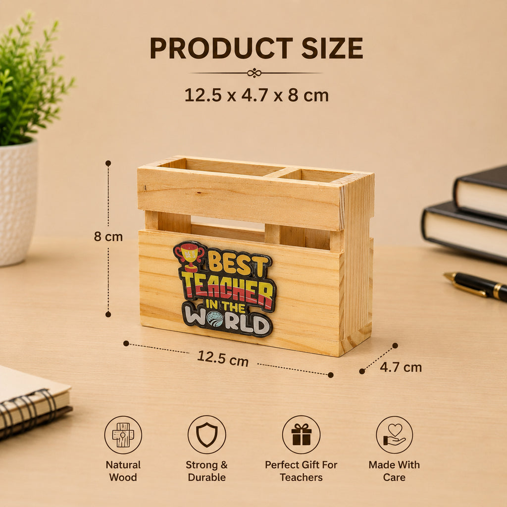 HindCraft Best Teacher Wooden Pen Stand & Desk Organizer for Gifting