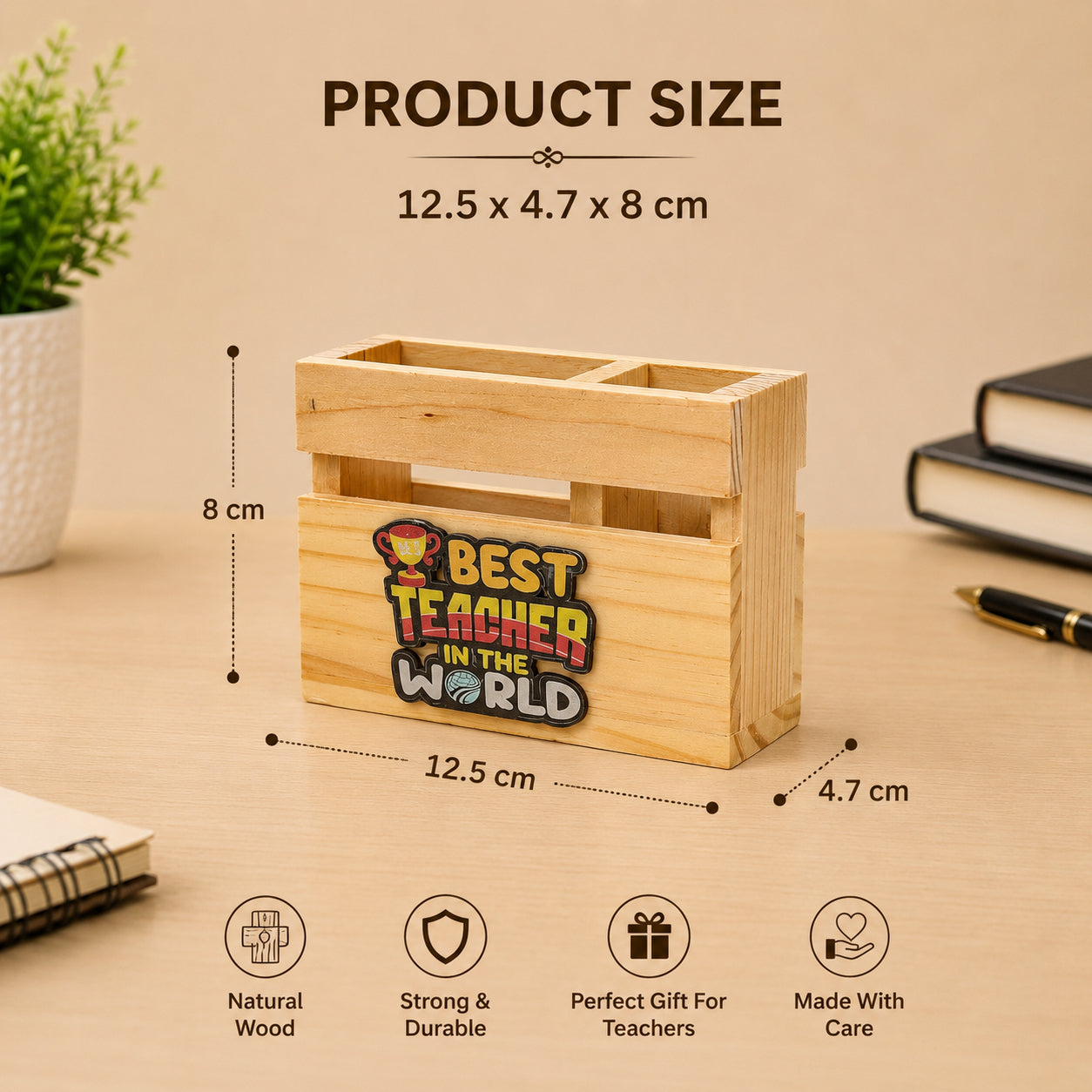 HindCraft Best Teacher Wooden Pen Stand & Desk Organizer for Gifting