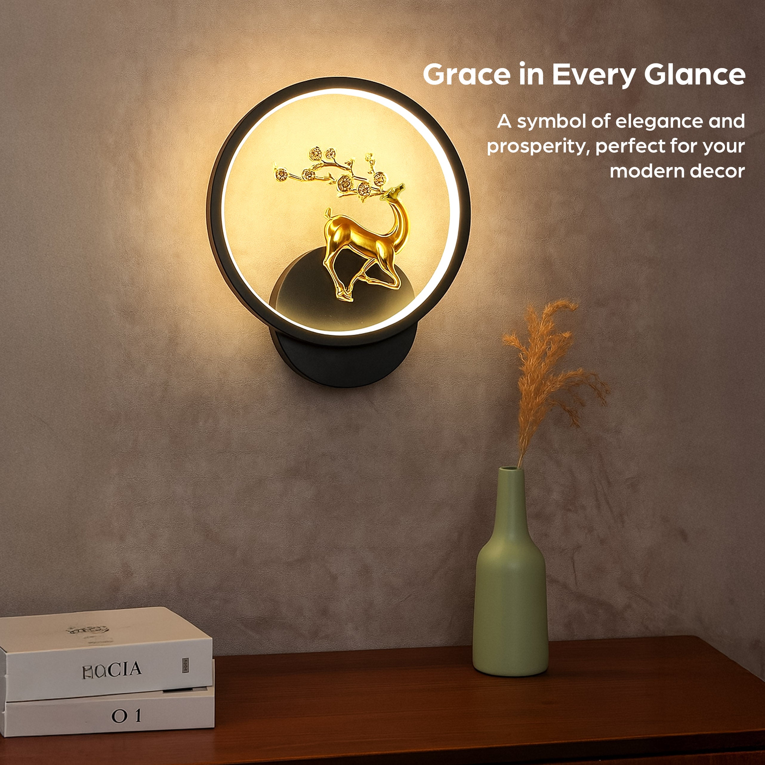 HindCraft Golden Deer LED Ring Table Lamp for Bedroom & Home Décor