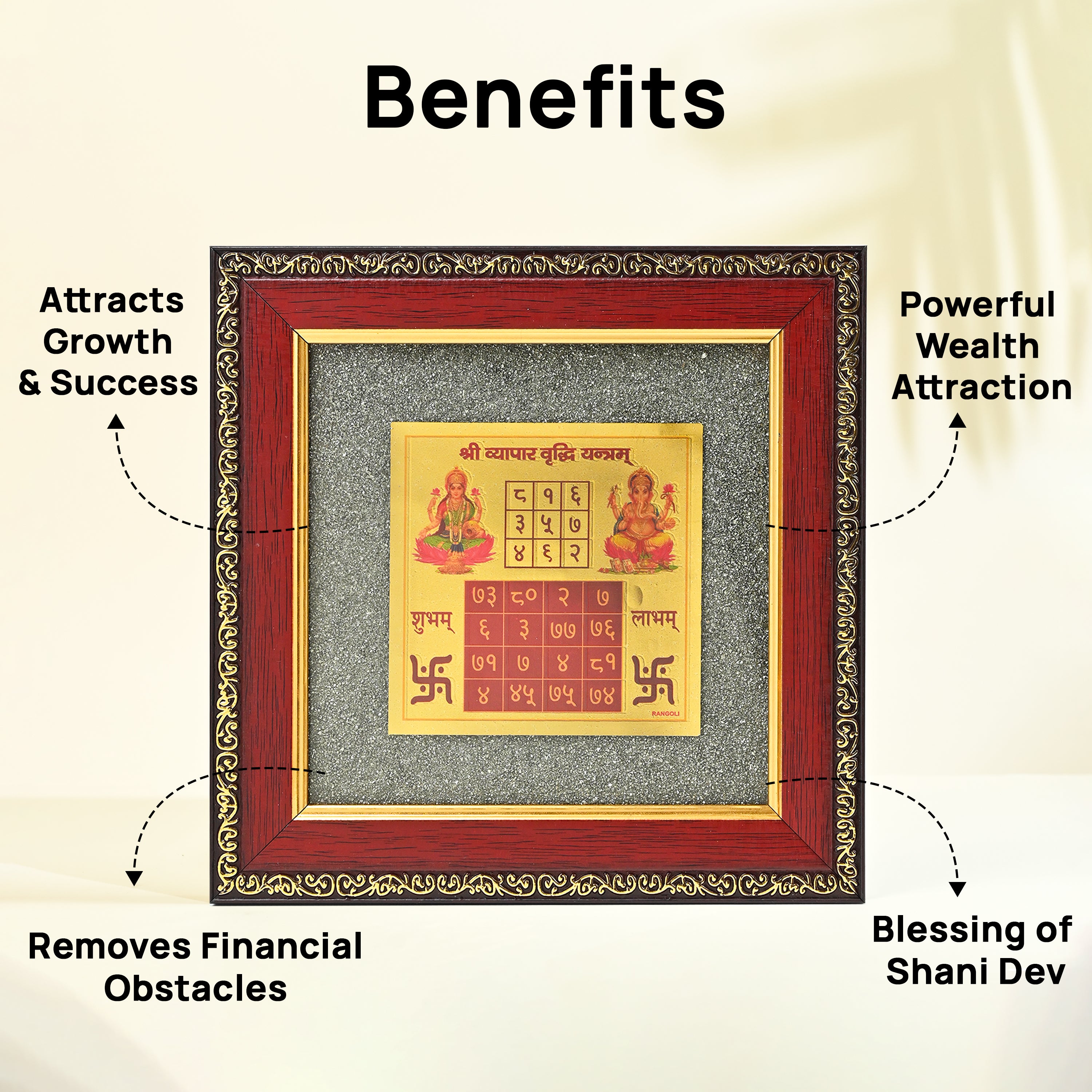 HindCraft Laxmi Ganesh Shree Yantra Frame with Raw Pyrite Stone for Wall & Table Décor