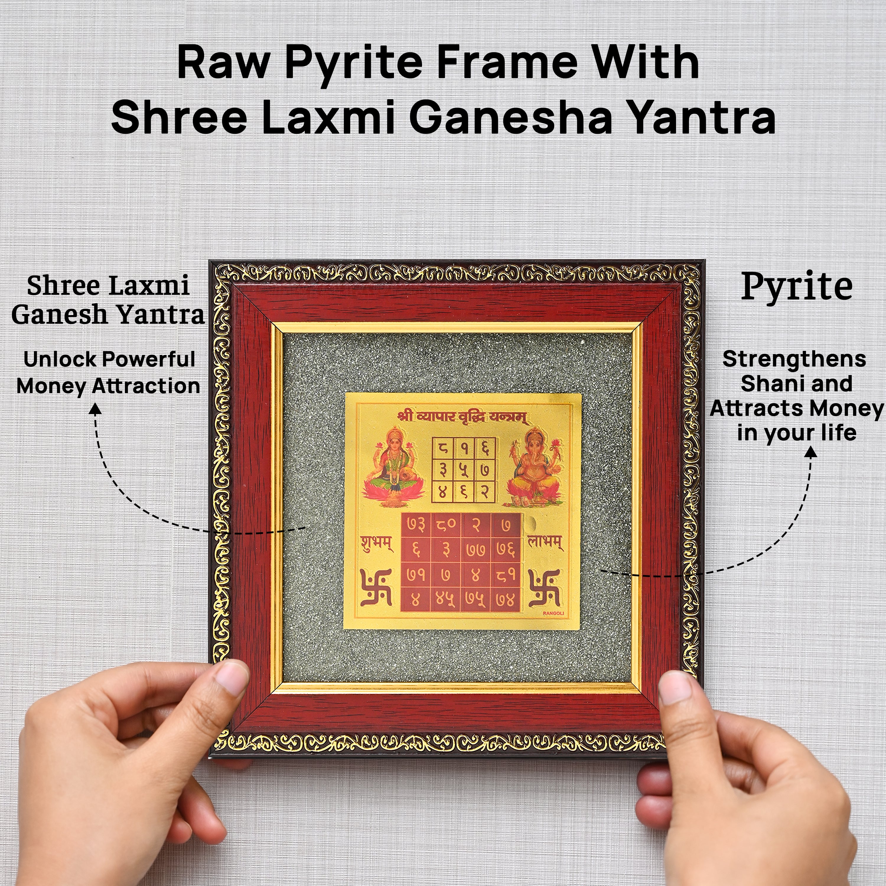 HindCraft Laxmi Ganesh Shree Yantra Frame with Raw Pyrite Stone for Wall & Table Décor