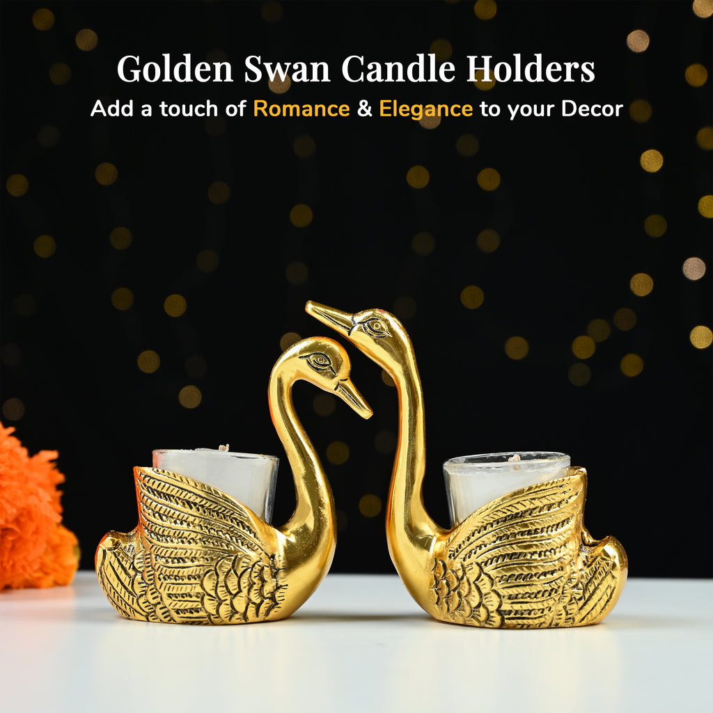 HindCraft Pair of Golden Swan Candle Holders for Table & Home Décor