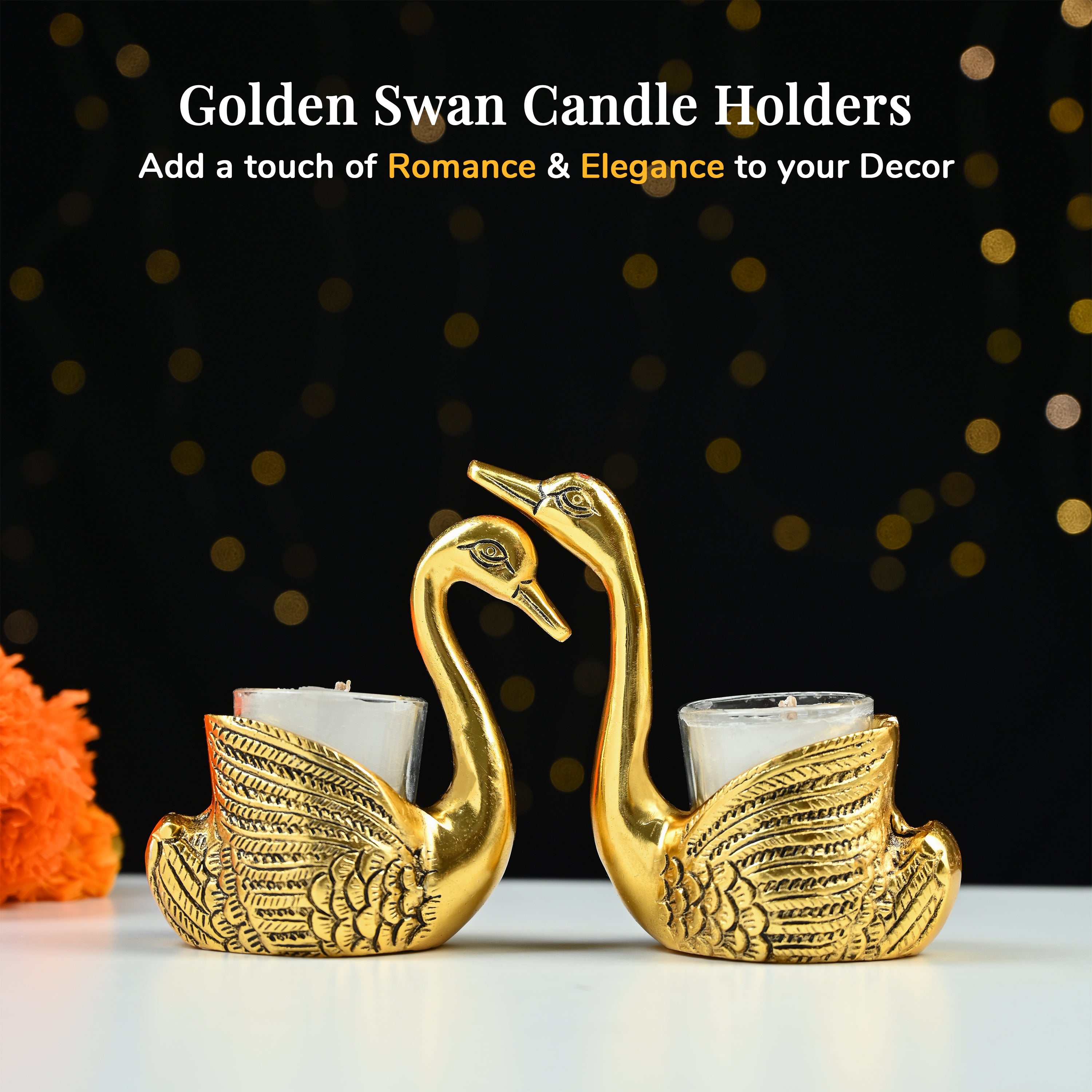 HindCraft Pair of Golden Swan Candle Holders for Table & Home Décor