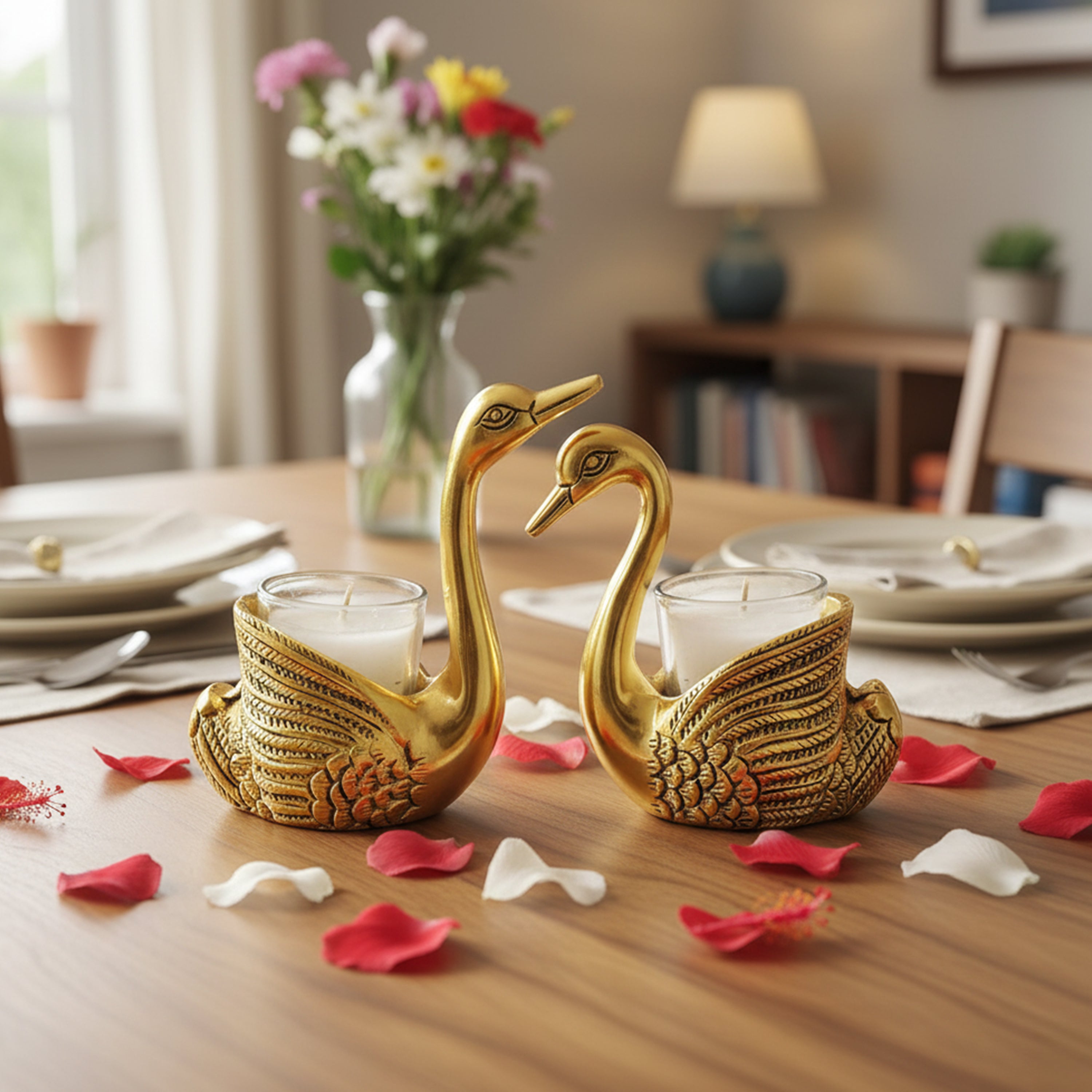 HindCraft Pair of Golden Swan Candle Holders for Table & Home Décor