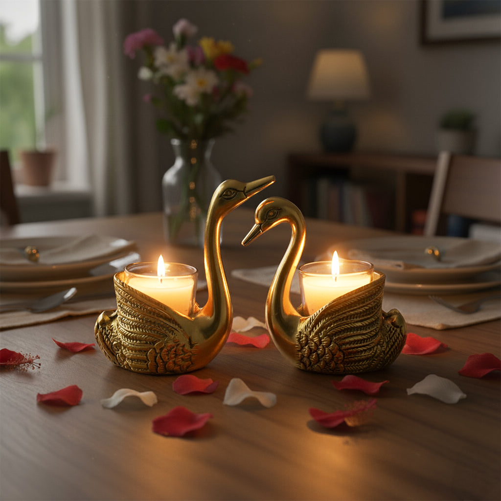 HindCraft Pair of Golden Swan Candle Holders for Table & Home Décor