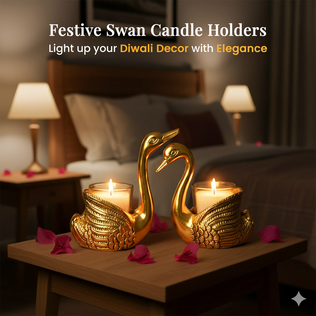 HindCraft Pair of Golden Swan Candle Holders for Table & Home Décor