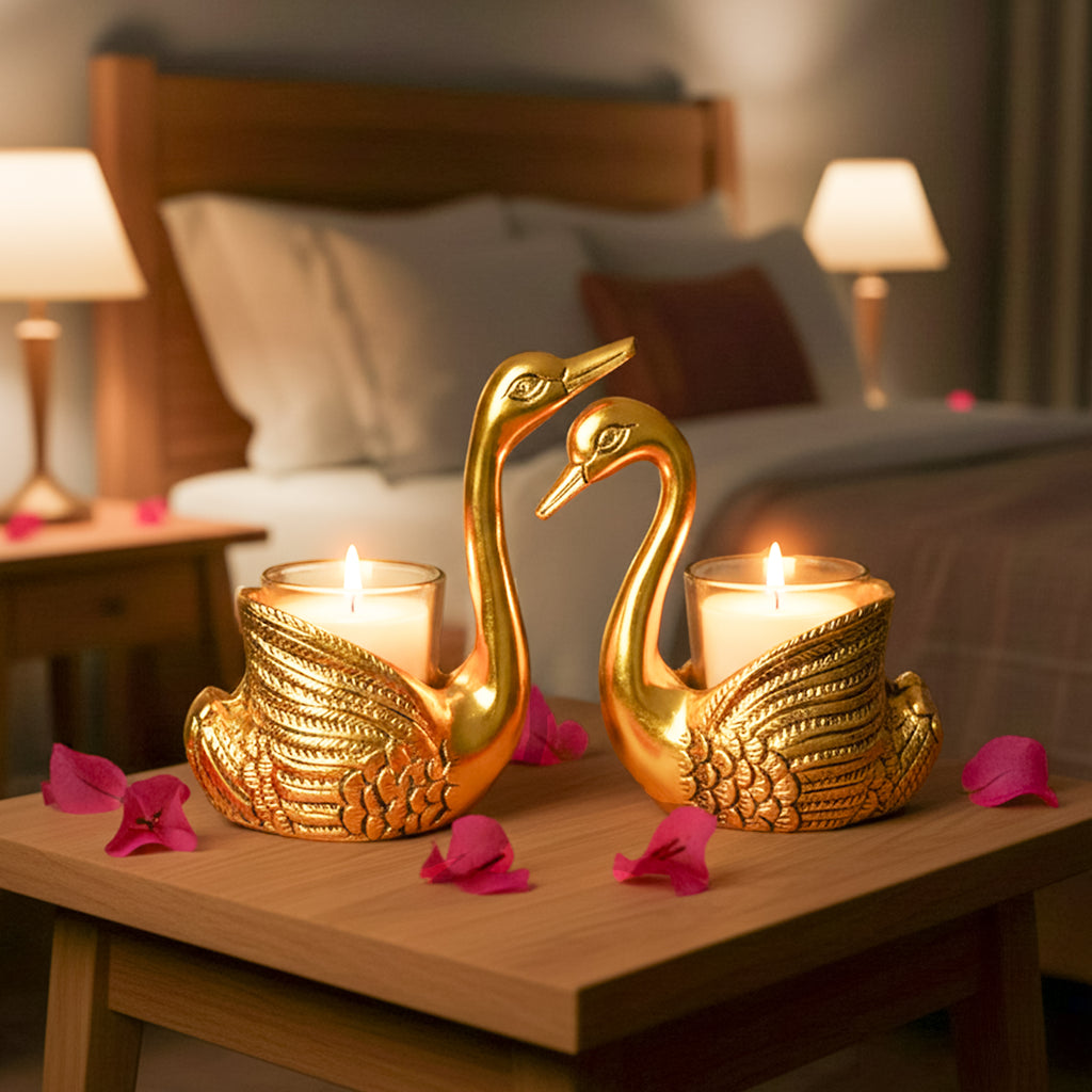 HindCraft Pair of Golden Swan Candle Holders for Table & Home Décor