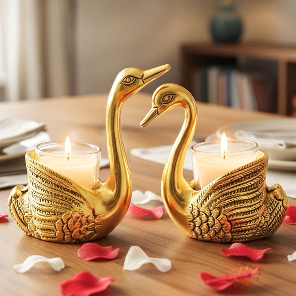 HindCraft Pair of Golden Swan Candle Holders for Table & Home Décor