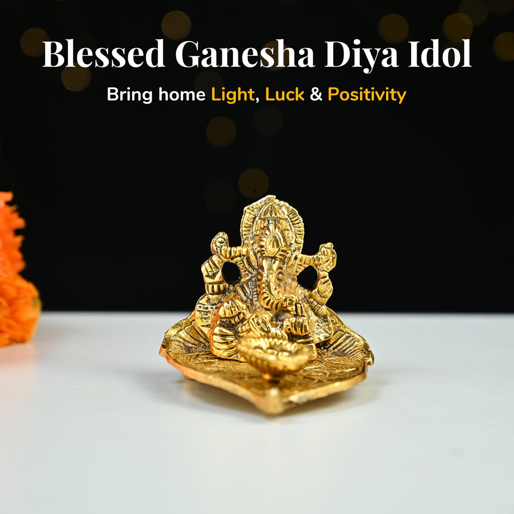 HindCraft Metal Lord Ganesha Idol on Leaf with Diya for Home & Puja Décor