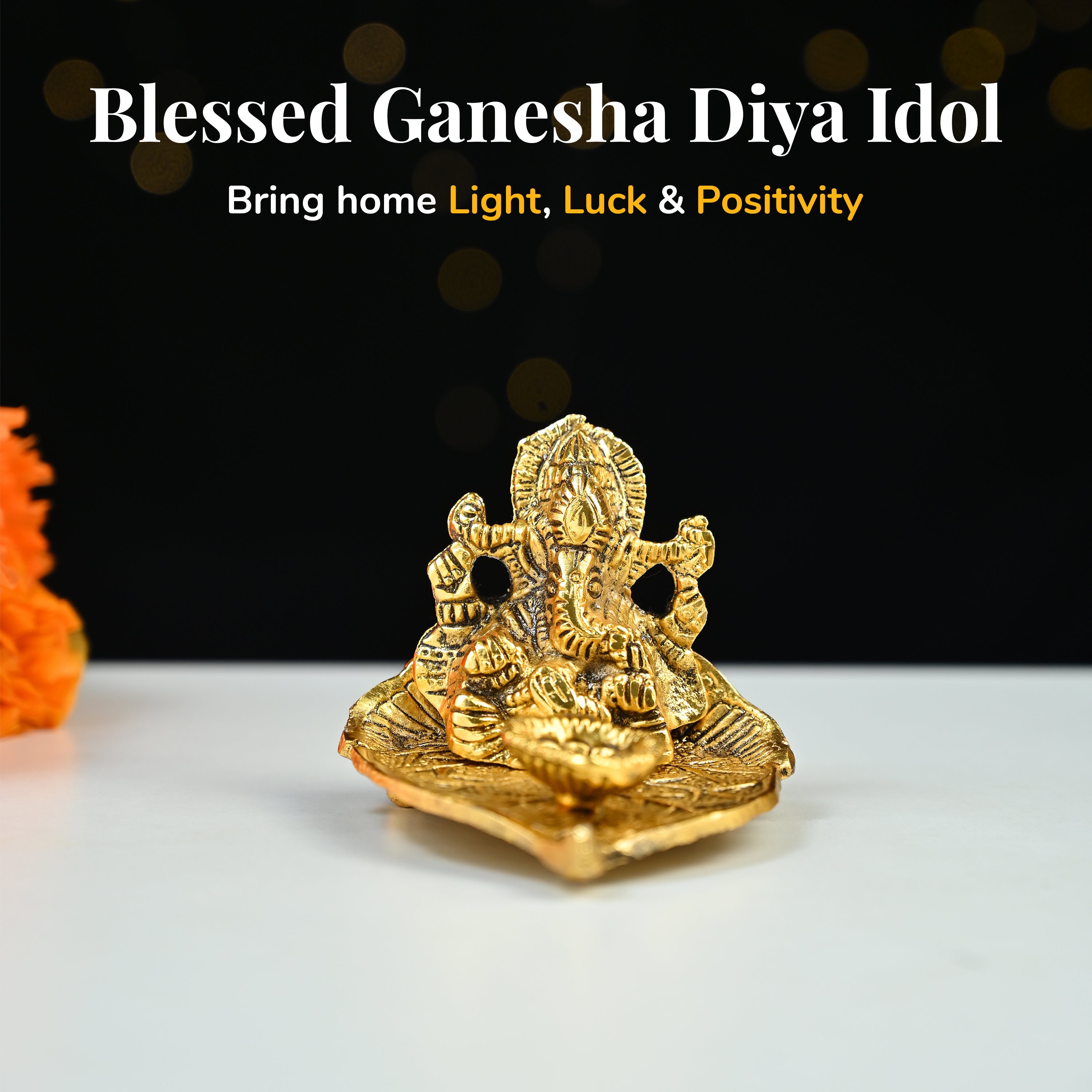 HindCraft Metal Lord Ganesha Idol on Leaf with Diya for Home & Puja Décor