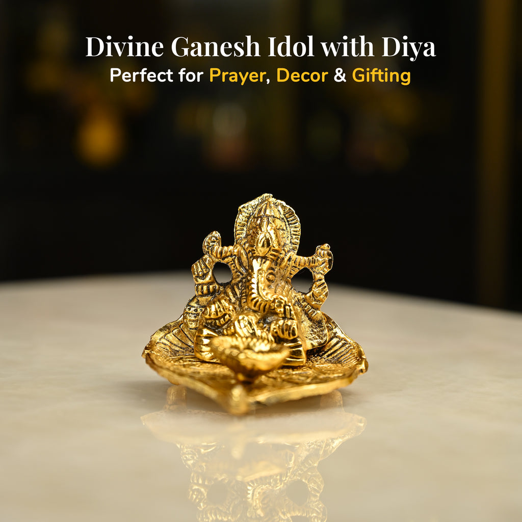 HindCraft Metal Lord Ganesha Idol on Leaf with Diya for Home & Puja Décor