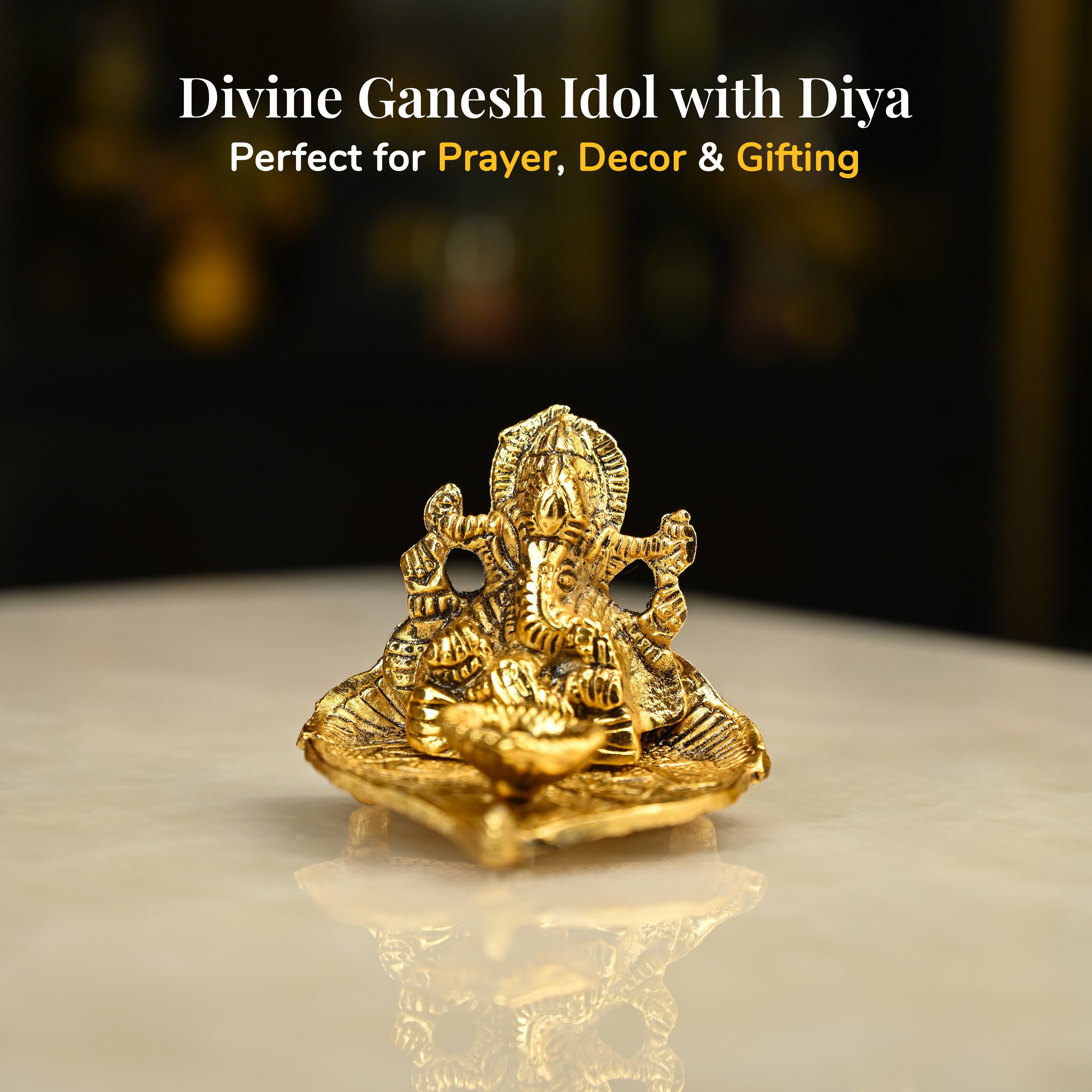 HindCraft Metal Lord Ganesha Idol on Leaf with Diya for Home & Puja Décor
