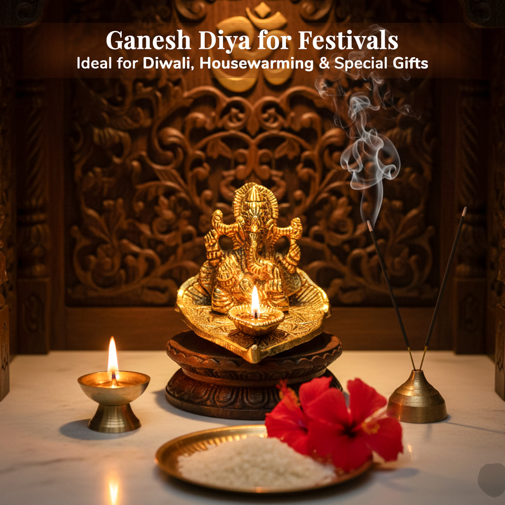 HindCraft Metal Lord Ganesha Idol on Leaf with Diya for Home & Puja Décor