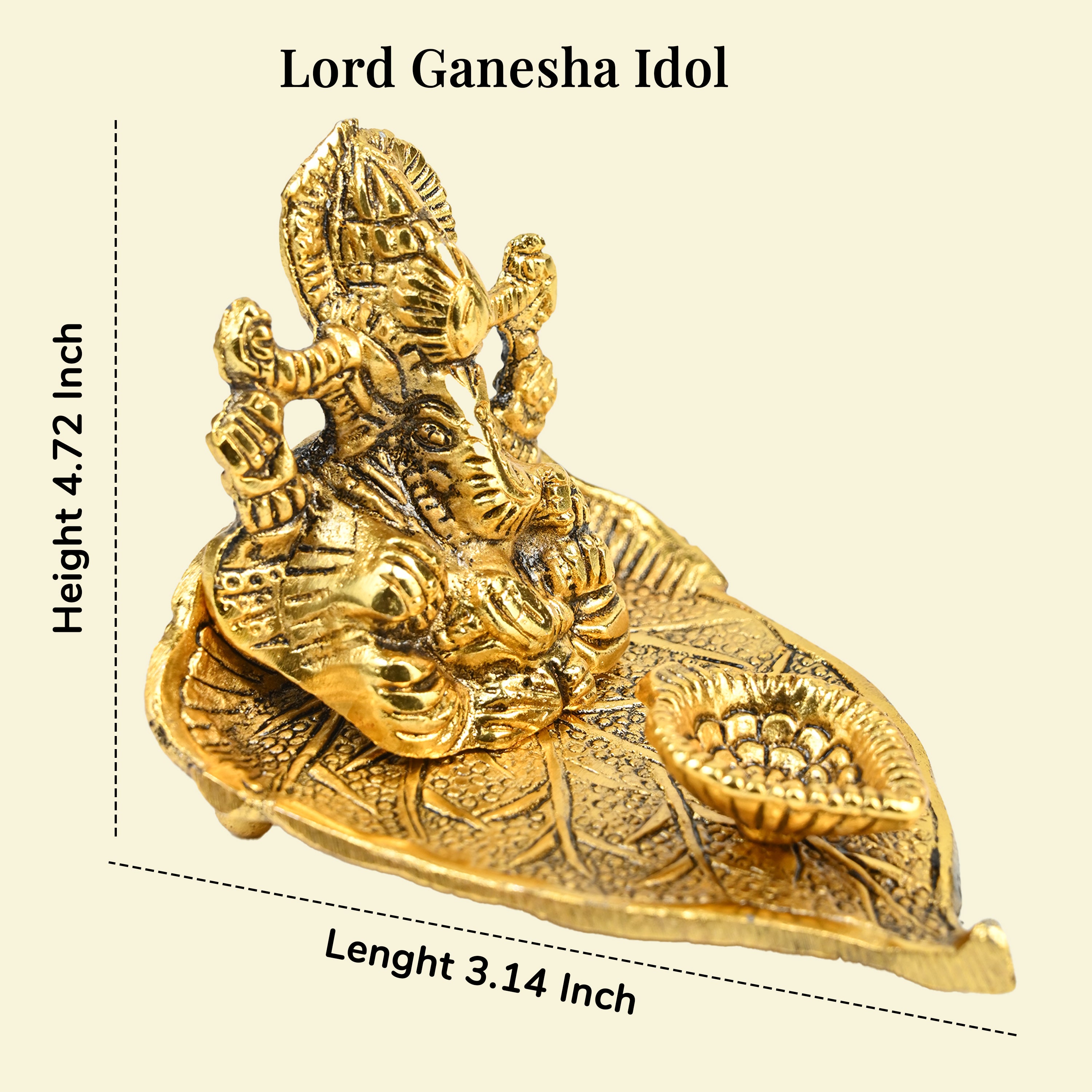 HindCraft Metal Lord Ganesha Idol on Leaf with Diya for Home & Puja Décor
