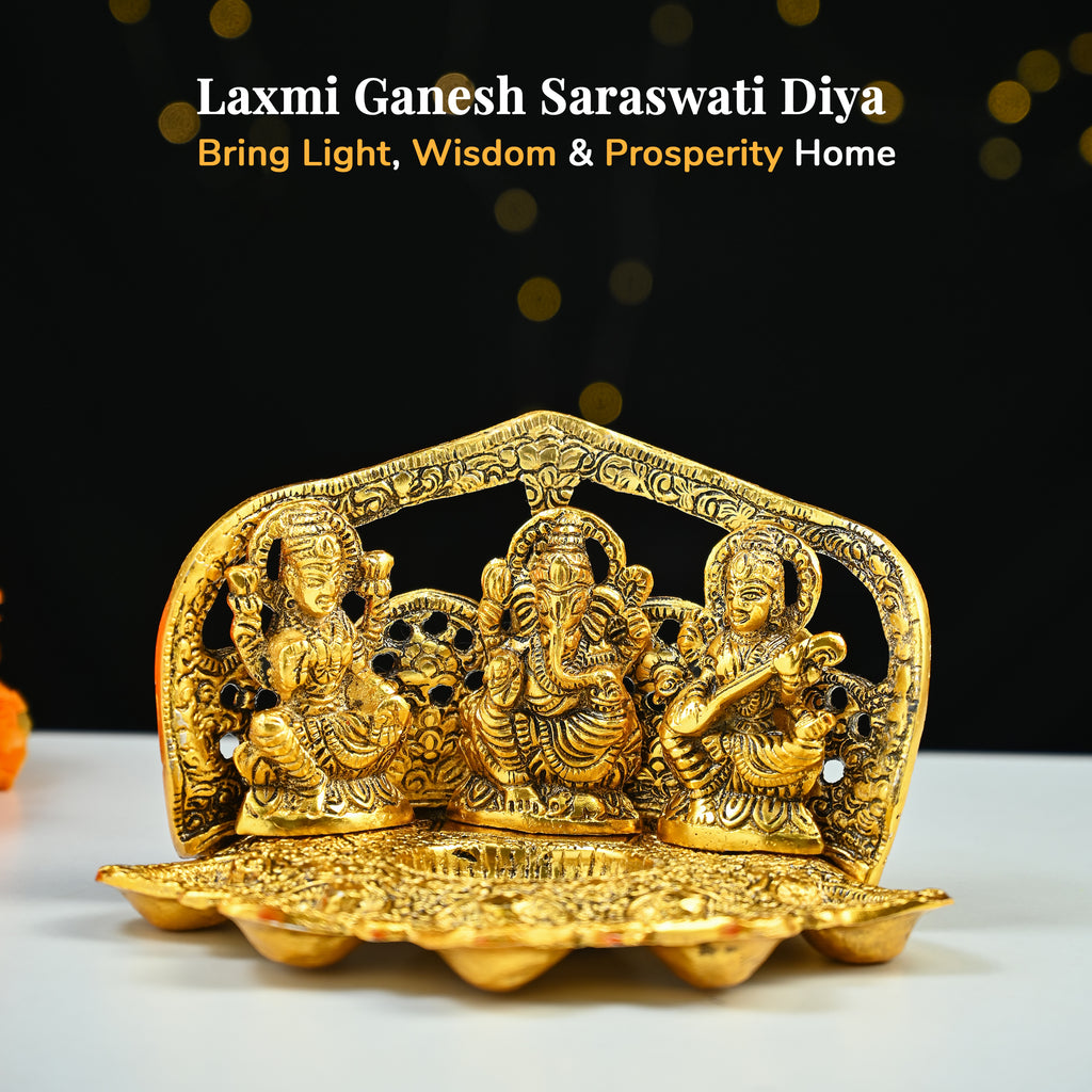 HindCraft Metal Laxmi Ganesh Saraswati Idol with 5 Diyas for Puja & Home Décor