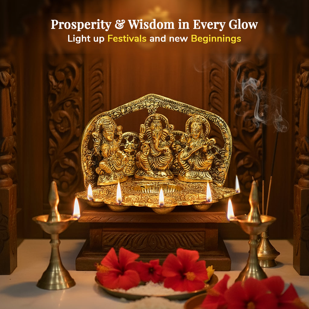 HindCraft Metal Laxmi Ganesh Saraswati Idol with 5 Diyas for Puja & Home Décor