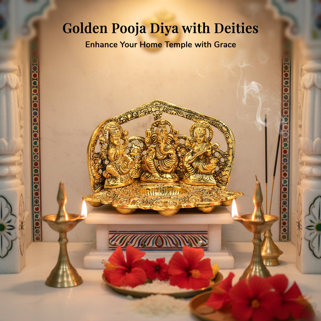 HindCraft Metal Laxmi Ganesh Saraswati Idol with 5 Diyas for Puja & Home Décor