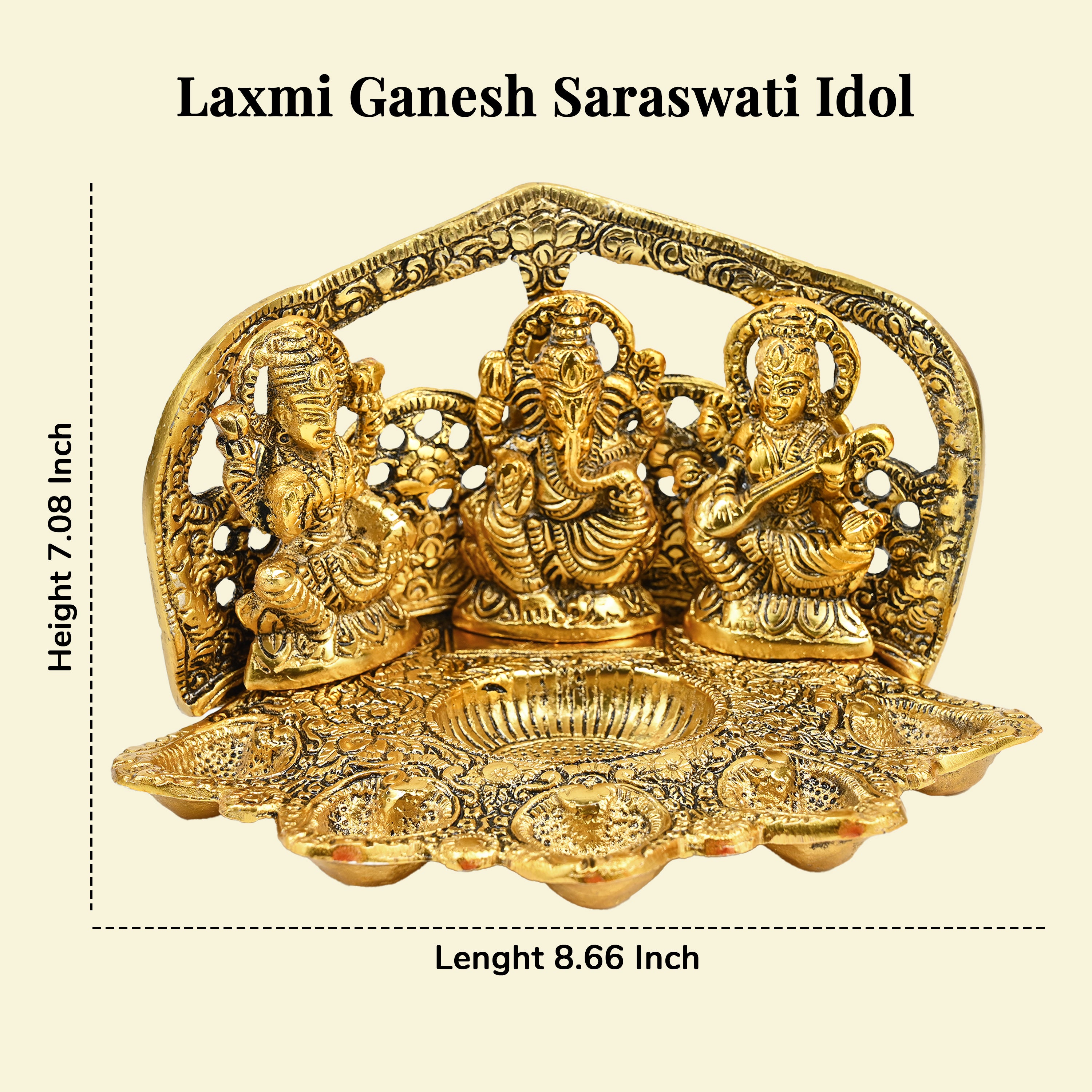 HindCraft Metal Laxmi Ganesh Saraswati Idol with 5 Diyas for Puja & Home Décor