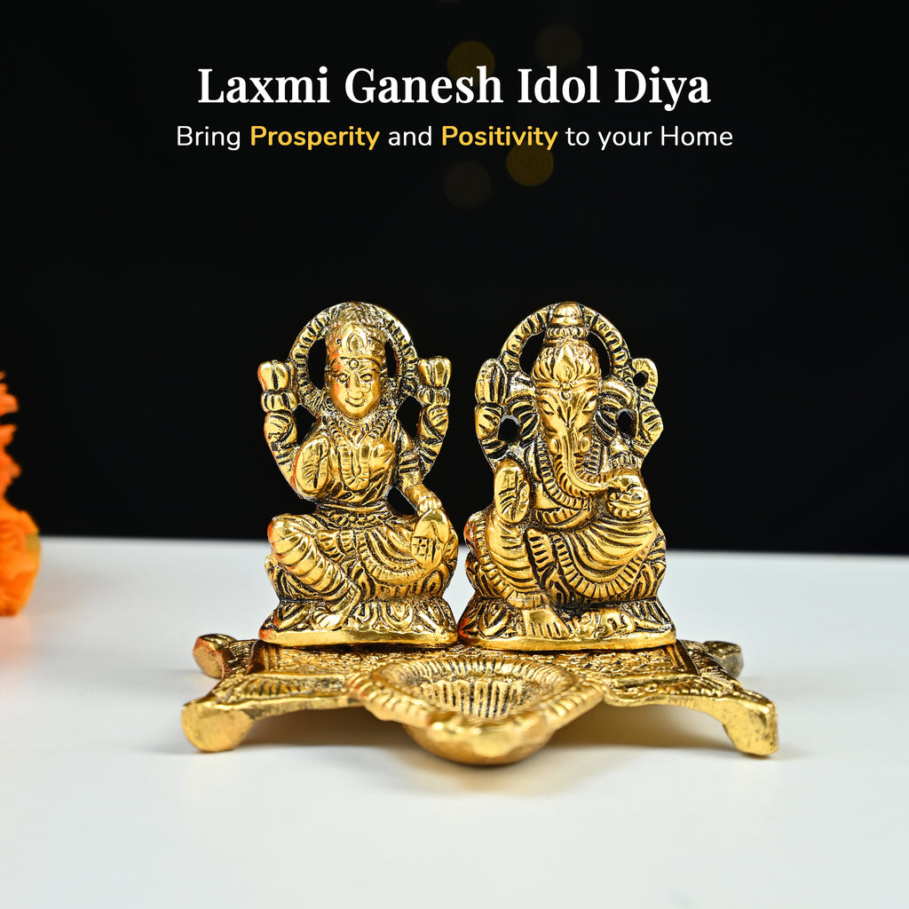HindCraft Metal Laxmi Ganesh Idol with Diya for Puja, Mandir & Home Décor