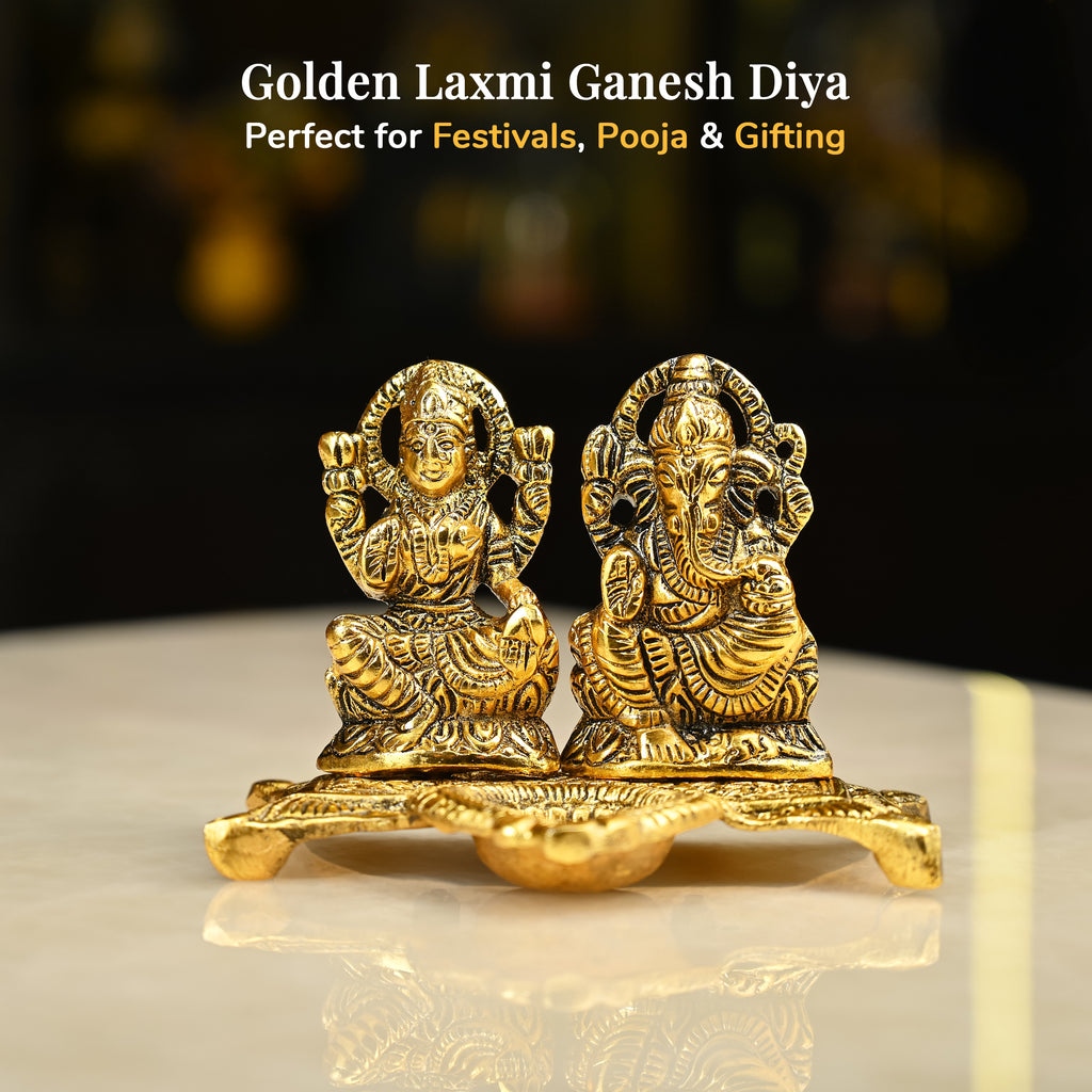 HindCraft Metal Laxmi Ganesh Idol with Diya for Puja, Mandir & Home Décor