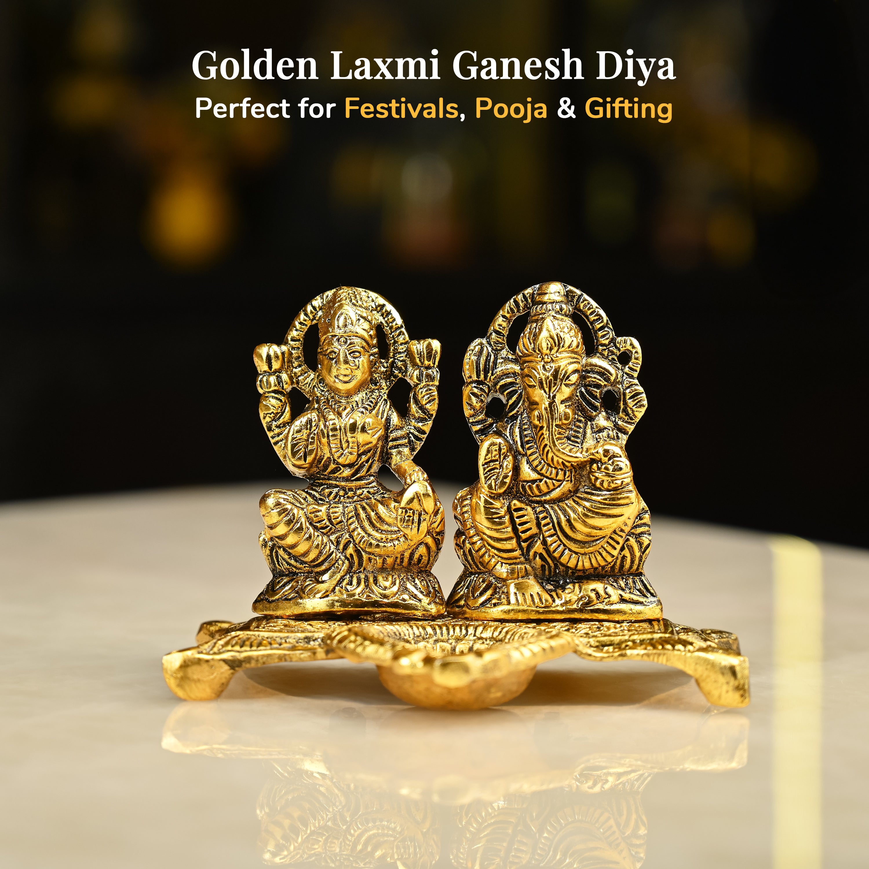 HindCraft Metal Laxmi Ganesh Idol with Diya for Puja, Mandir & Home Décor