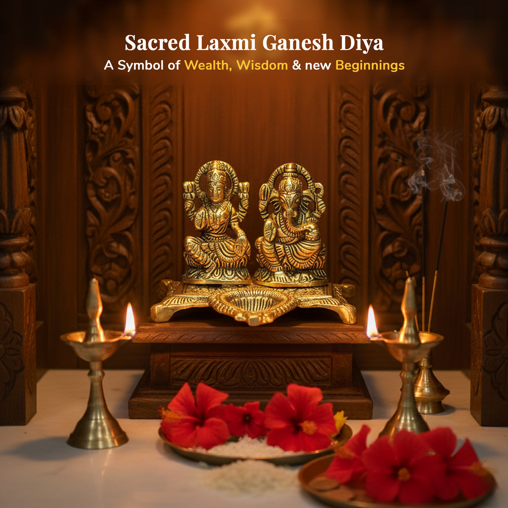 HindCraft Metal Laxmi Ganesh Idol with Diya for Puja, Mandir & Home Décor