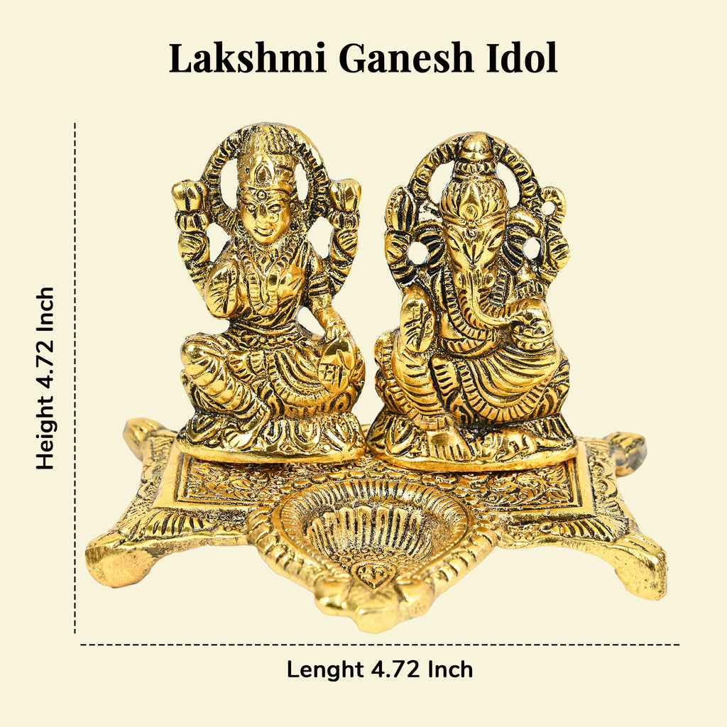 HindCraft Metal Laxmi Ganesh Idol with Diya for Puja, Mandir & Home Décor