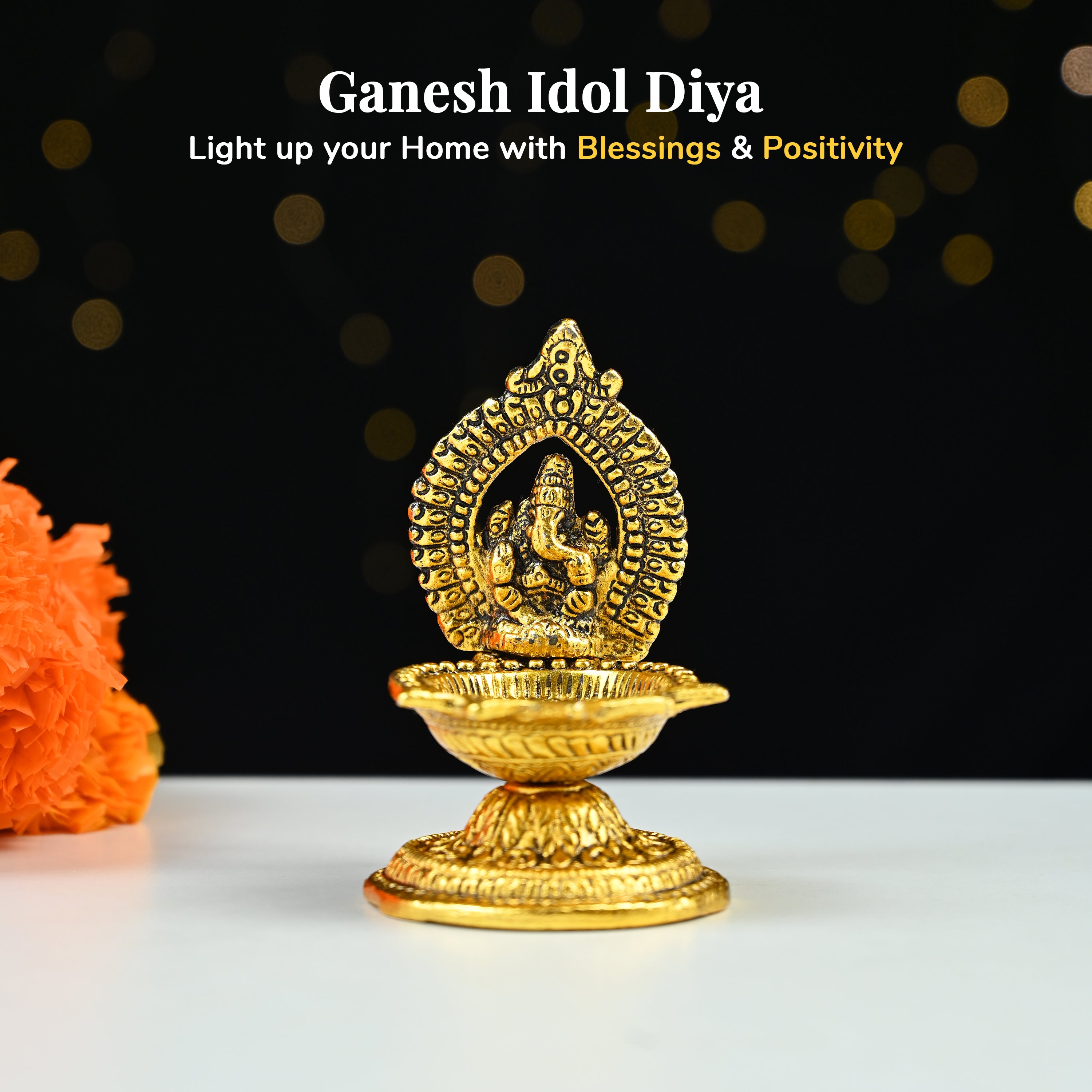 HindCraft Brass Lord Ganesha Diya Oil Lamp for Puja, Mandir & Diwali Décor