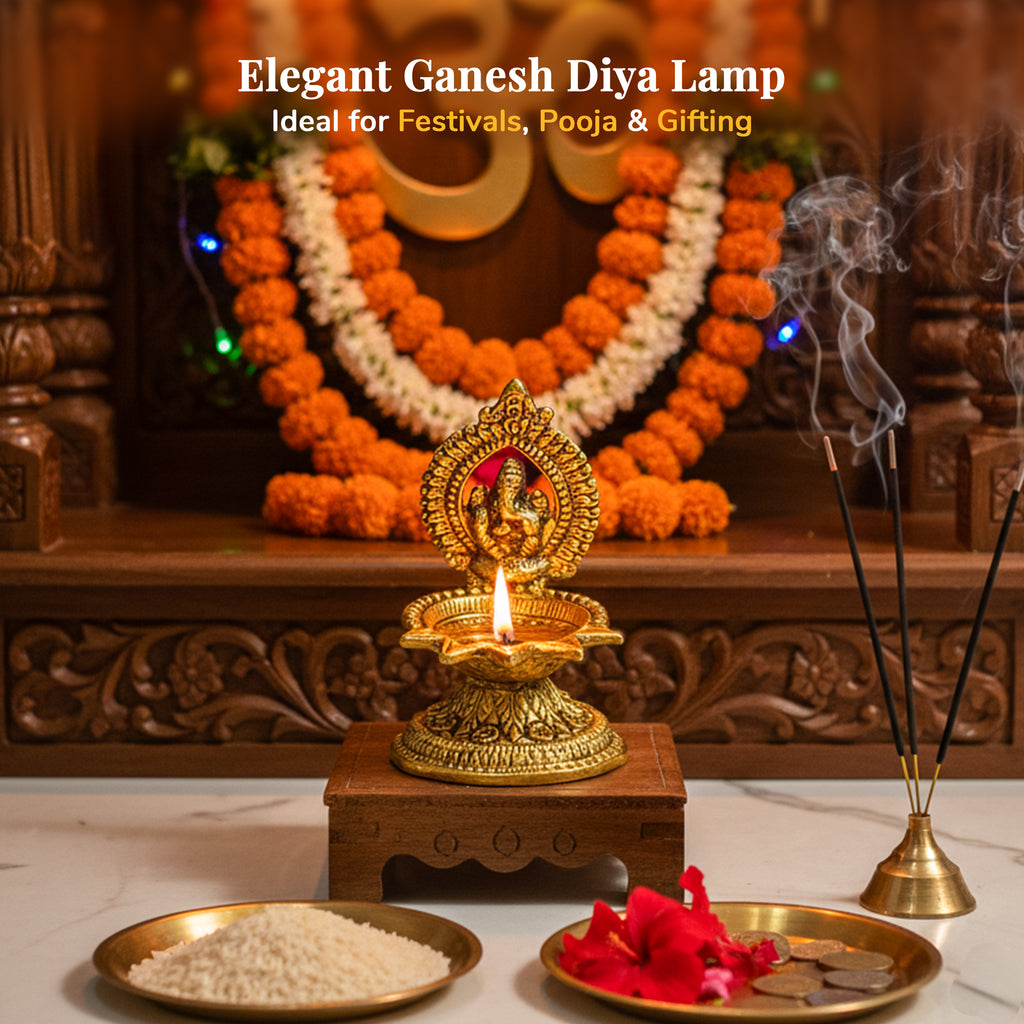 HindCraft Brass Lord Ganesha Diya Oil Lamp for Puja, Mandir & Diwali Décor