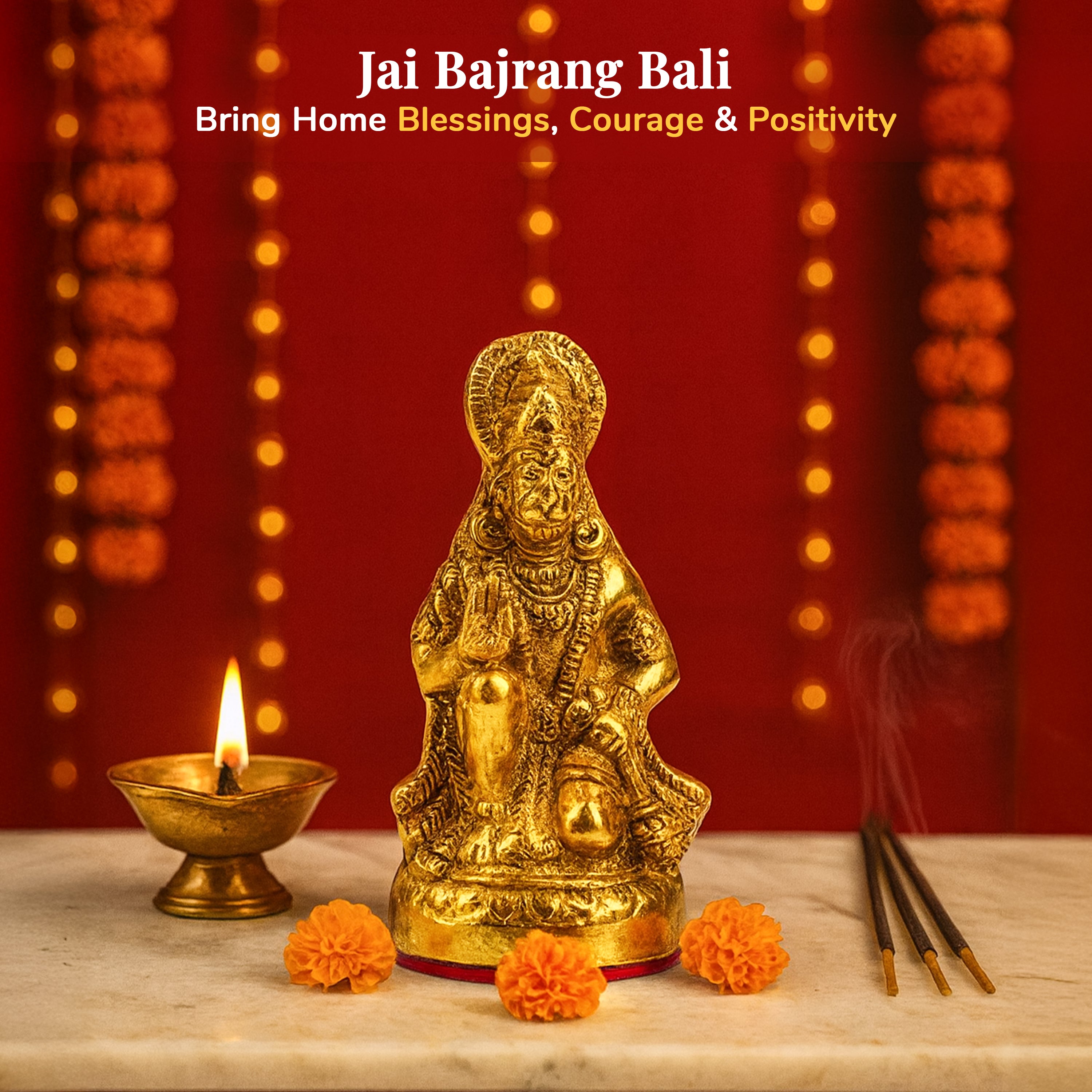 HindCraft Bajrang Bali Hanuman Idol with Antique Gold Finish for Home Temple, Office, Car Dashboard & Spiritual Décor