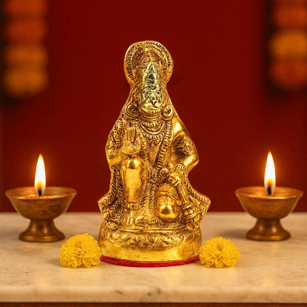 HindCraft Bajrang Bali Hanuman Idol with Antique Gold Finish for Home Temple, Office, Car Dashboard & Spiritual Décor