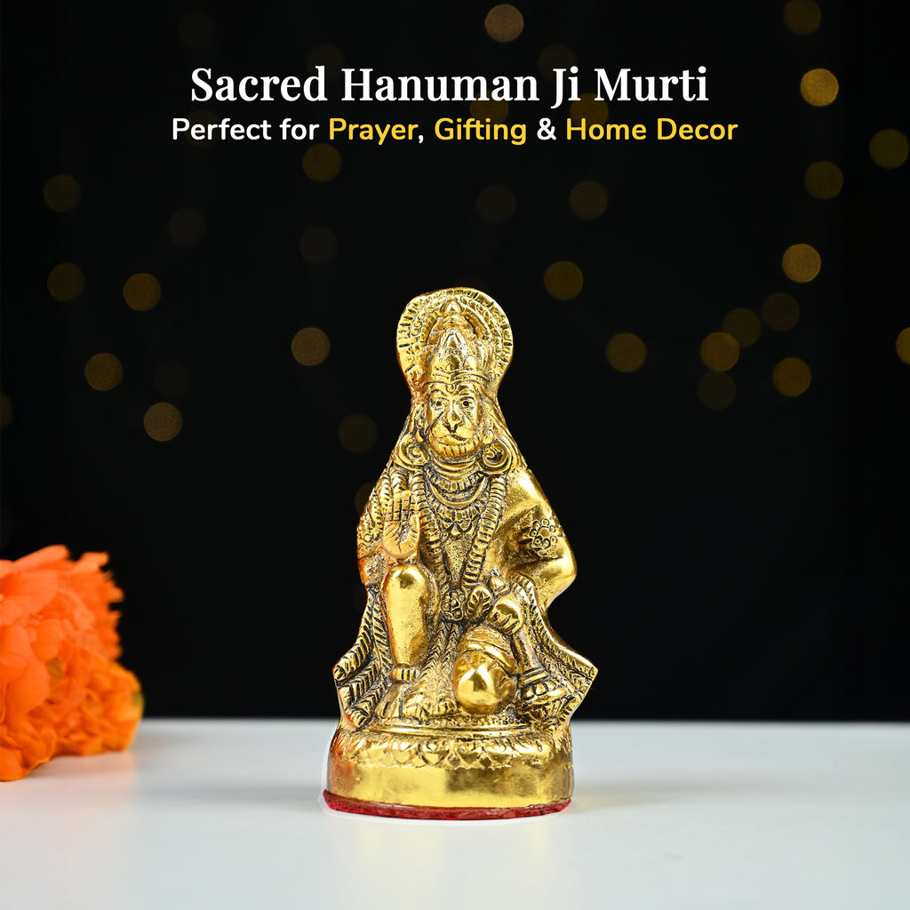 HindCraft Bajrang Bali Hanuman Idol with Antique Gold Finish for Home Temple, Office, Car Dashboard & Spiritual Décor