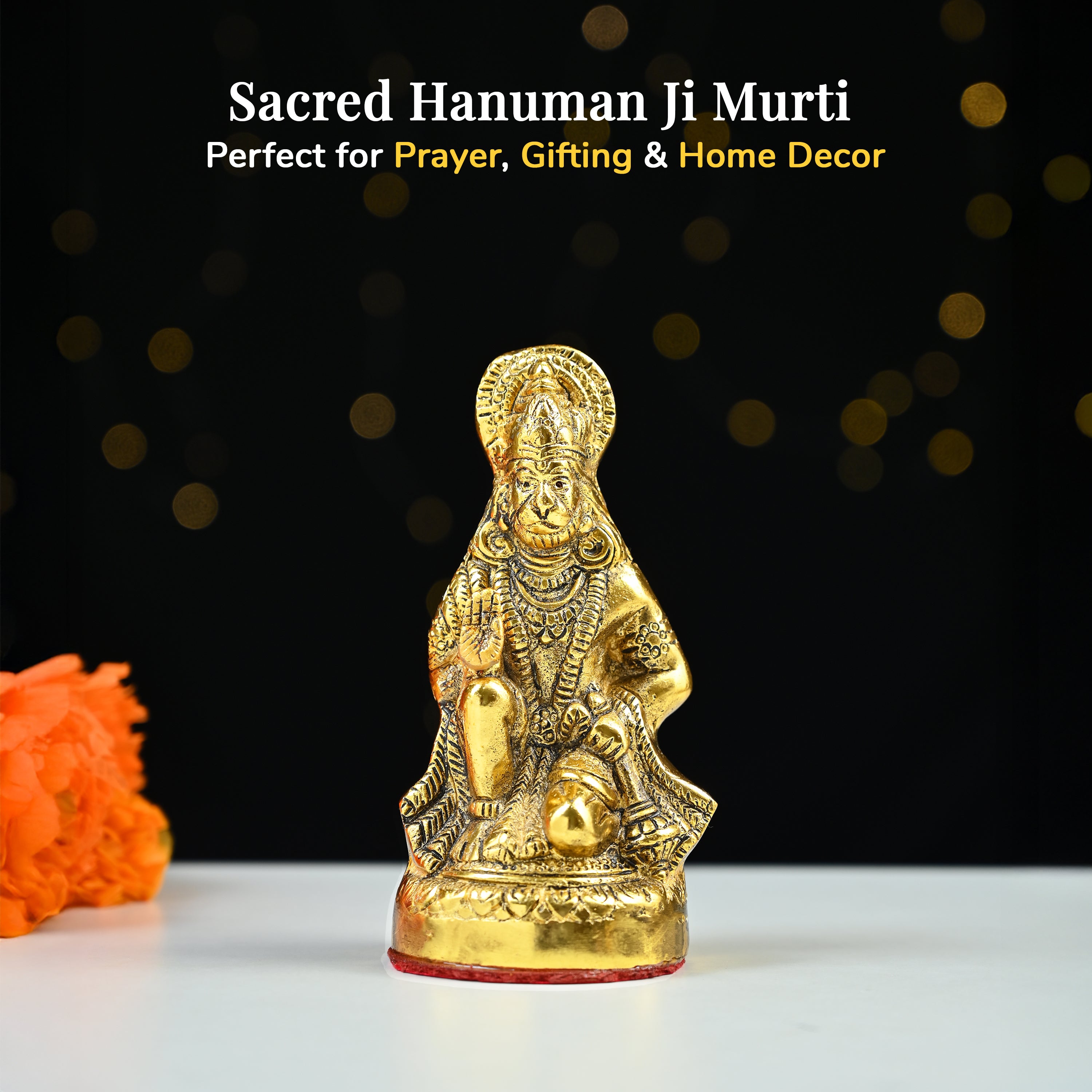 HindCraft Bajrang Bali Hanuman Idol with Antique Gold Finish for Home Temple, Office, Car Dashboard & Spiritual Décor