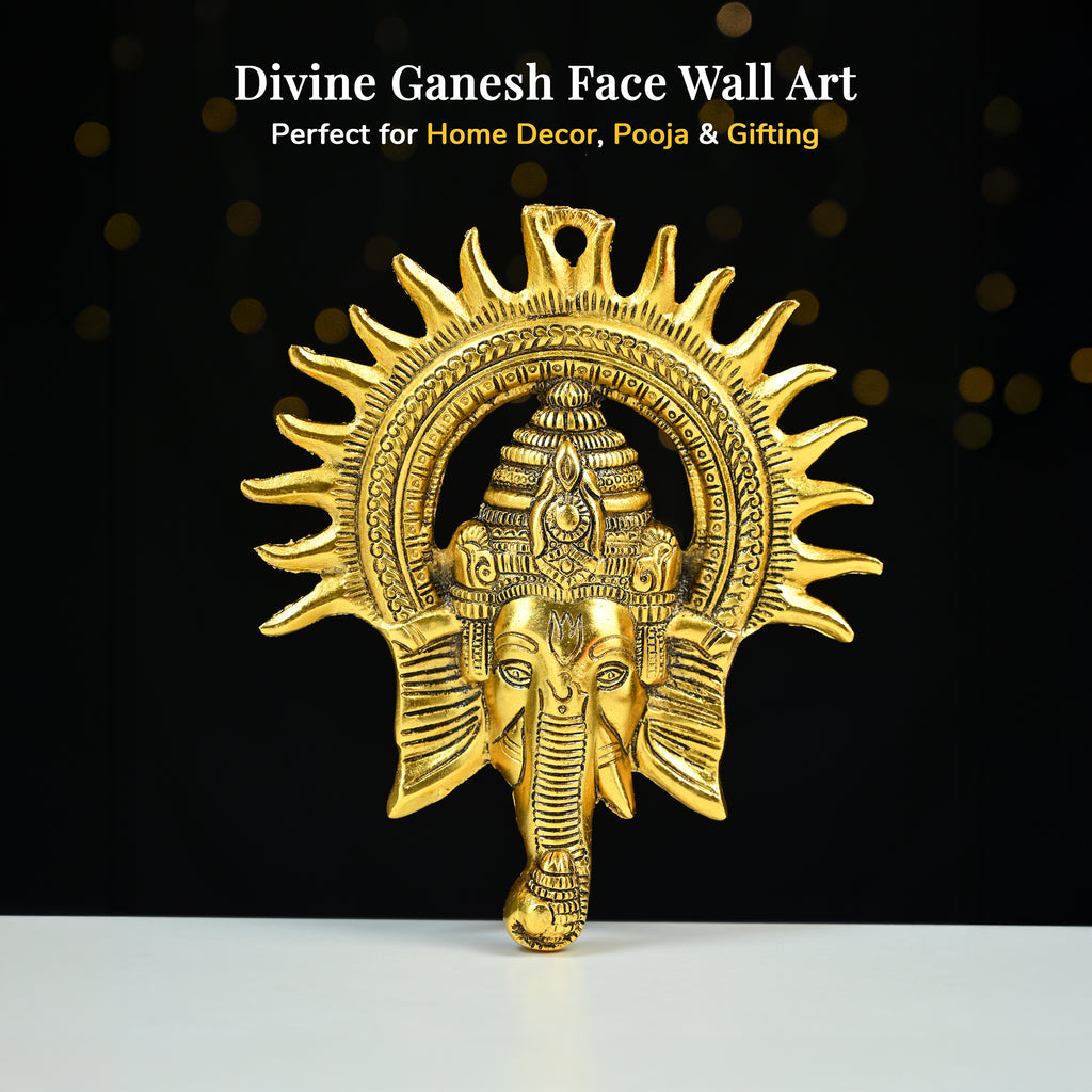 HindCraft Lord Ganesha Wall Hanging with Sun Design | Antique Gold Finish | Metal Wall Décor for Home Entrance, Temple & Office