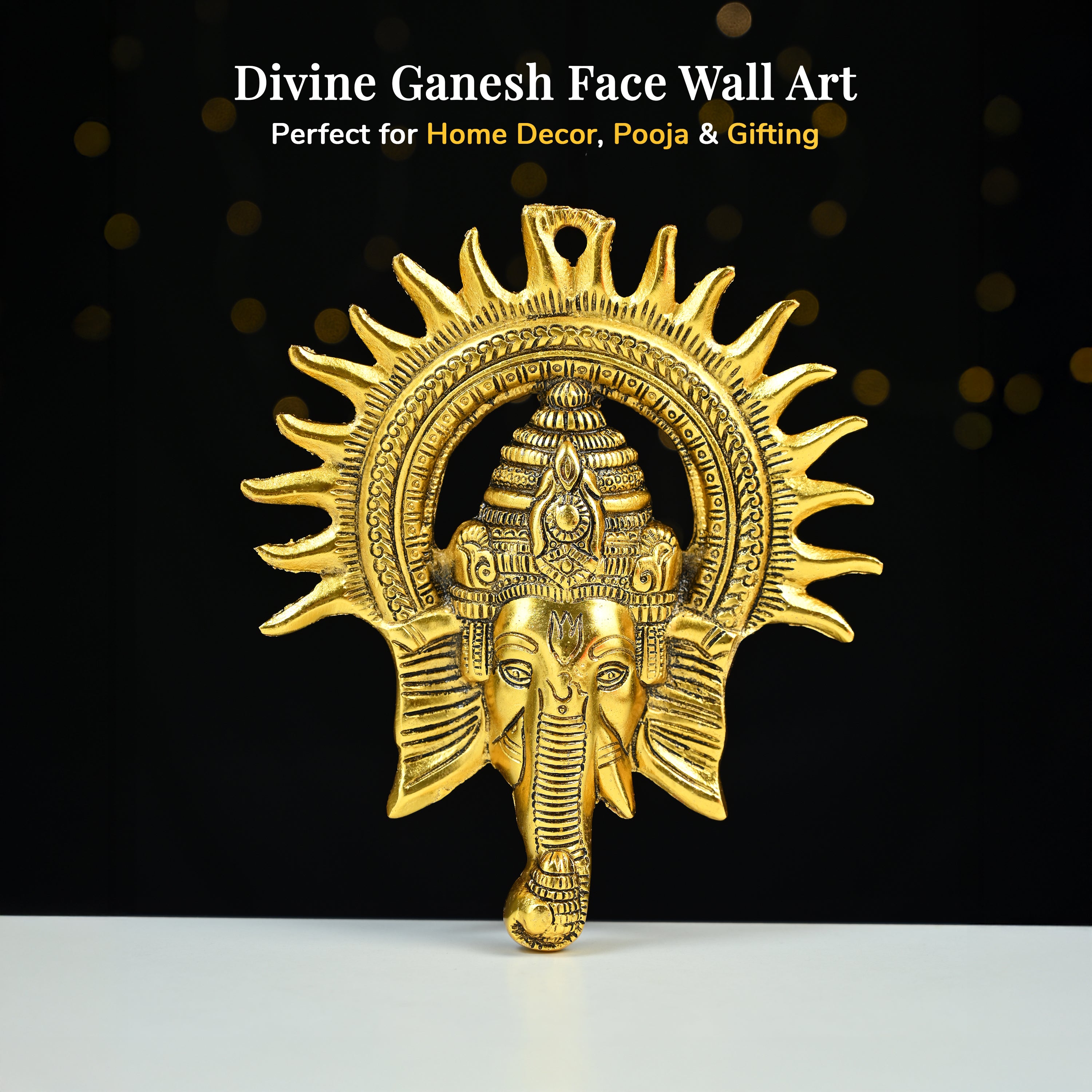 HindCraft Lord Ganesha Wall Hanging with Sun Design | Antique Gold Finish | Metal Wall Décor for Home Entrance, Temple & Office