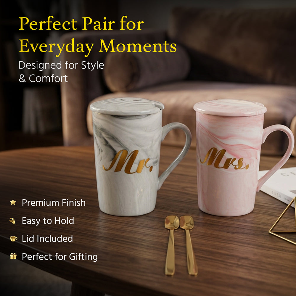 HindCraft Mr & Mrs Ceramic Mug Set with Lids 350 Ml Each