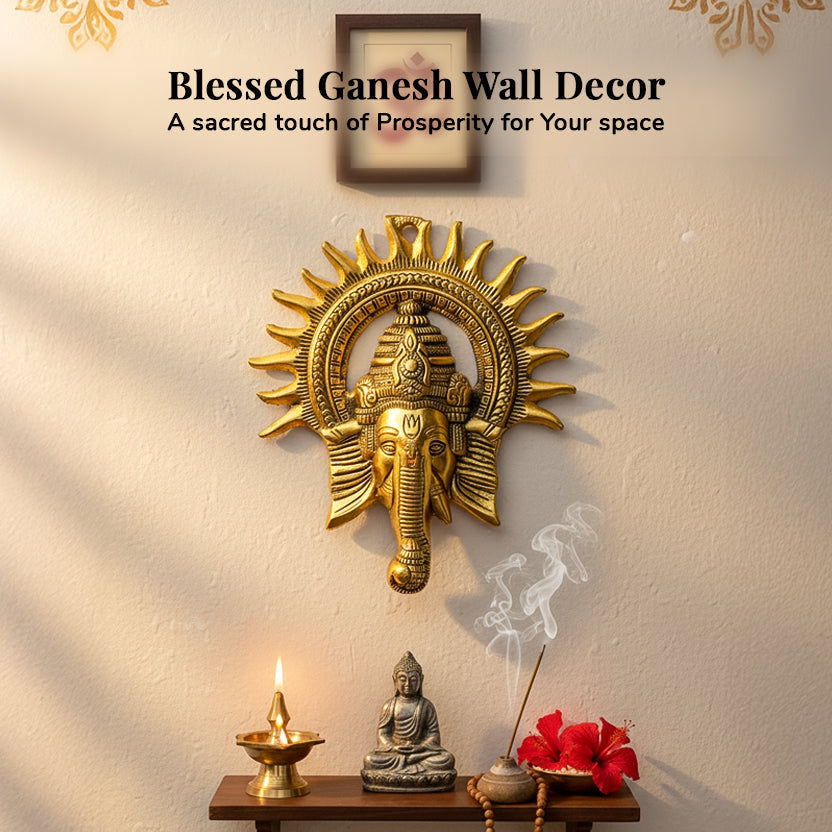 HindCraft Lord Ganesha Wall Hanging with Sun Design | Antique Gold Finish | Metal Wall Décor for Home Entrance, Temple & Office