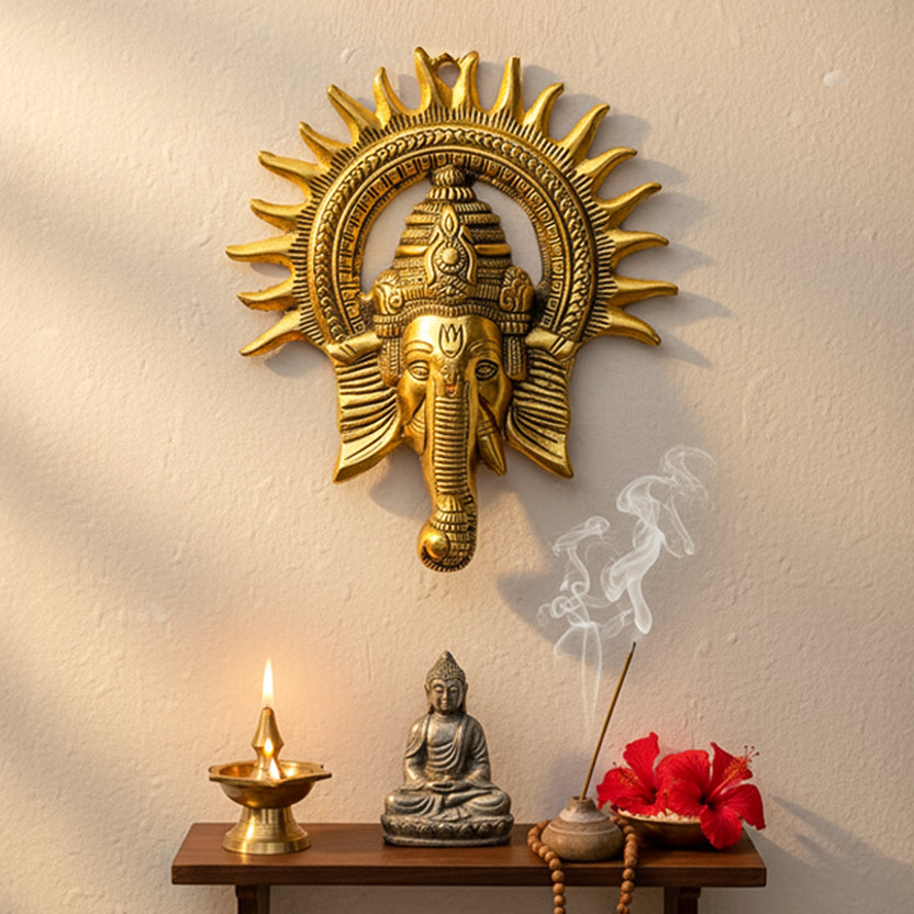 HindCraft Lord Ganesha Wall Hanging with Sun Design | Antique Gold Finish | Metal Wall Décor for Home Entrance, Temple & Office