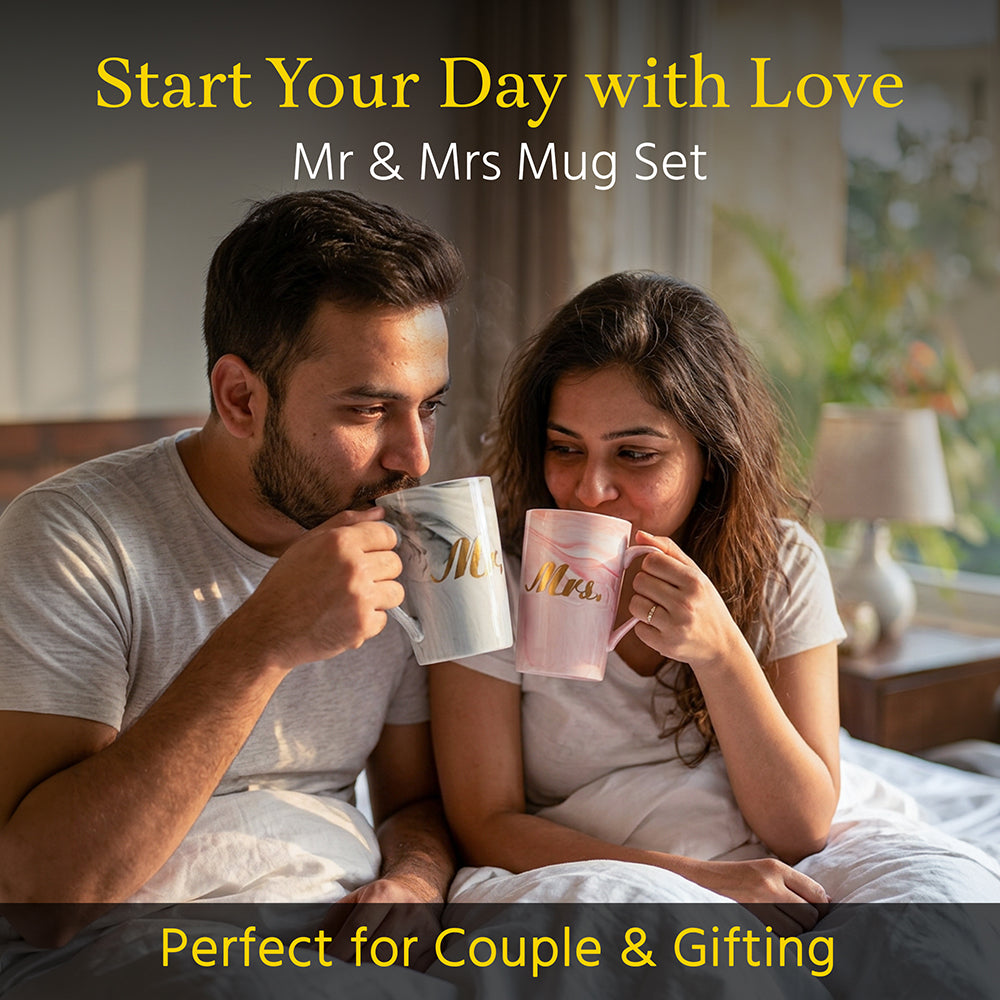 HindCraft Mr & Mrs Ceramic Mug Set with Lids 350 Ml Each