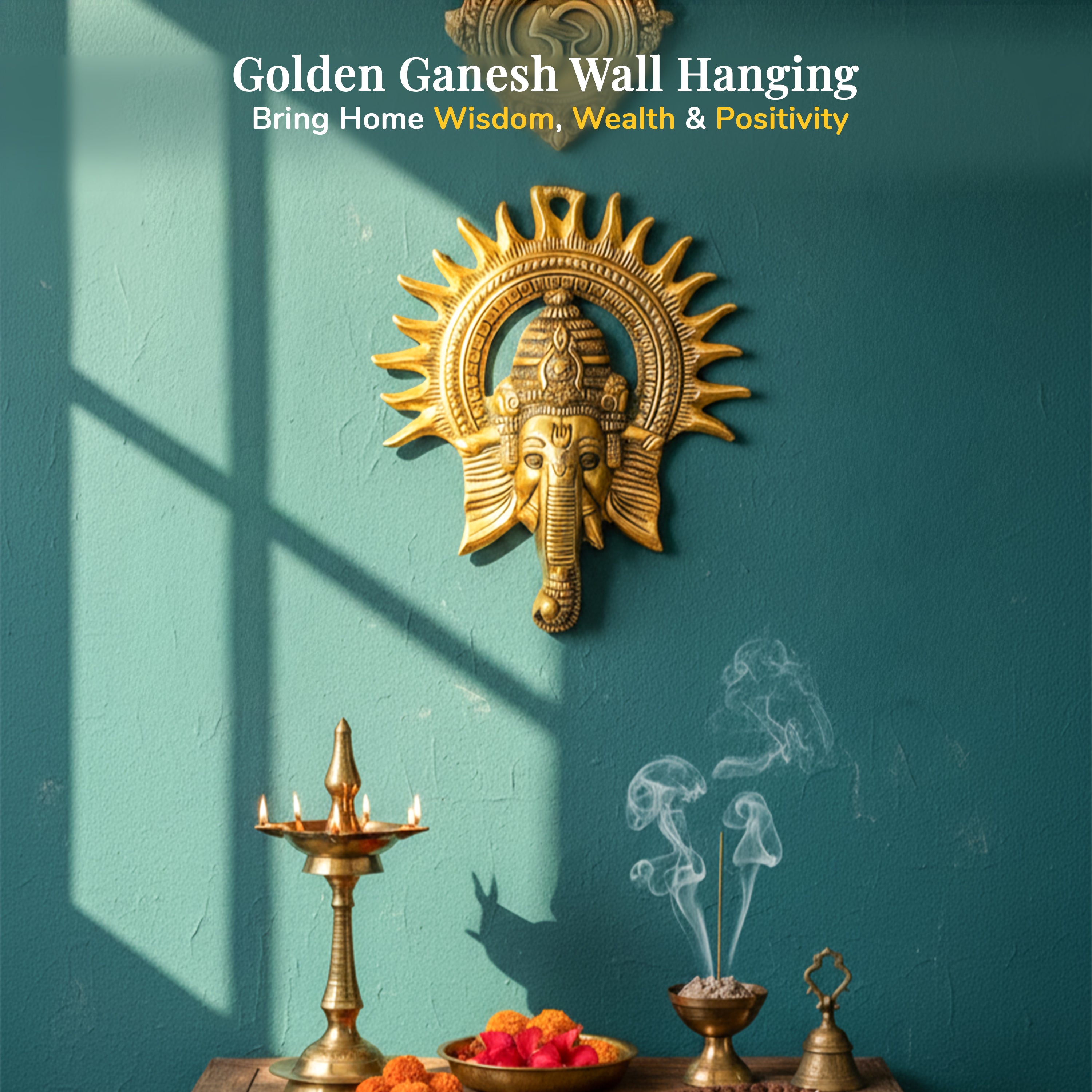 HindCraft Lord Ganesha Wall Hanging with Sun Design | Antique Gold Finish | Metal Wall Décor for Home Entrance, Temple & Office