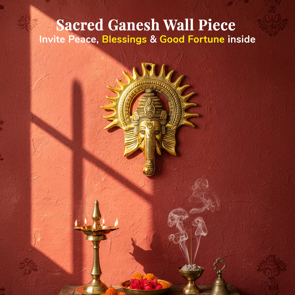 HindCraft Lord Ganesha Wall Hanging with Sun Design | Antique Gold Finish | Metal Wall Décor for Home Entrance, Temple & Office