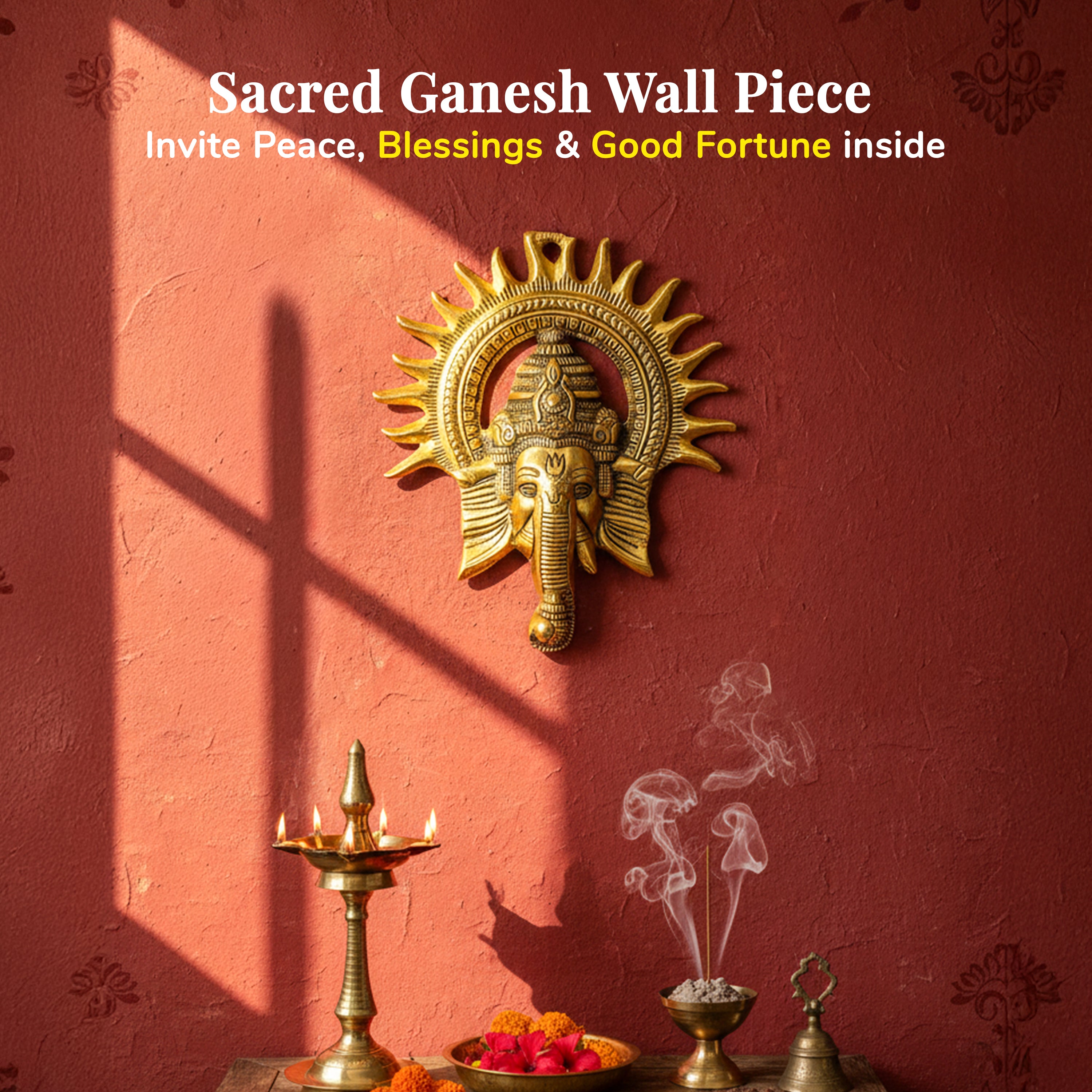 HindCraft Lord Ganesha Wall Hanging with Sun Design | Antique Gold Finish | Metal Wall Décor for Home Entrance, Temple & Office