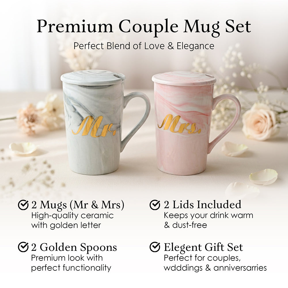 HindCraft Mr & Mrs Ceramic Mug Set with Lids 350 Ml Each