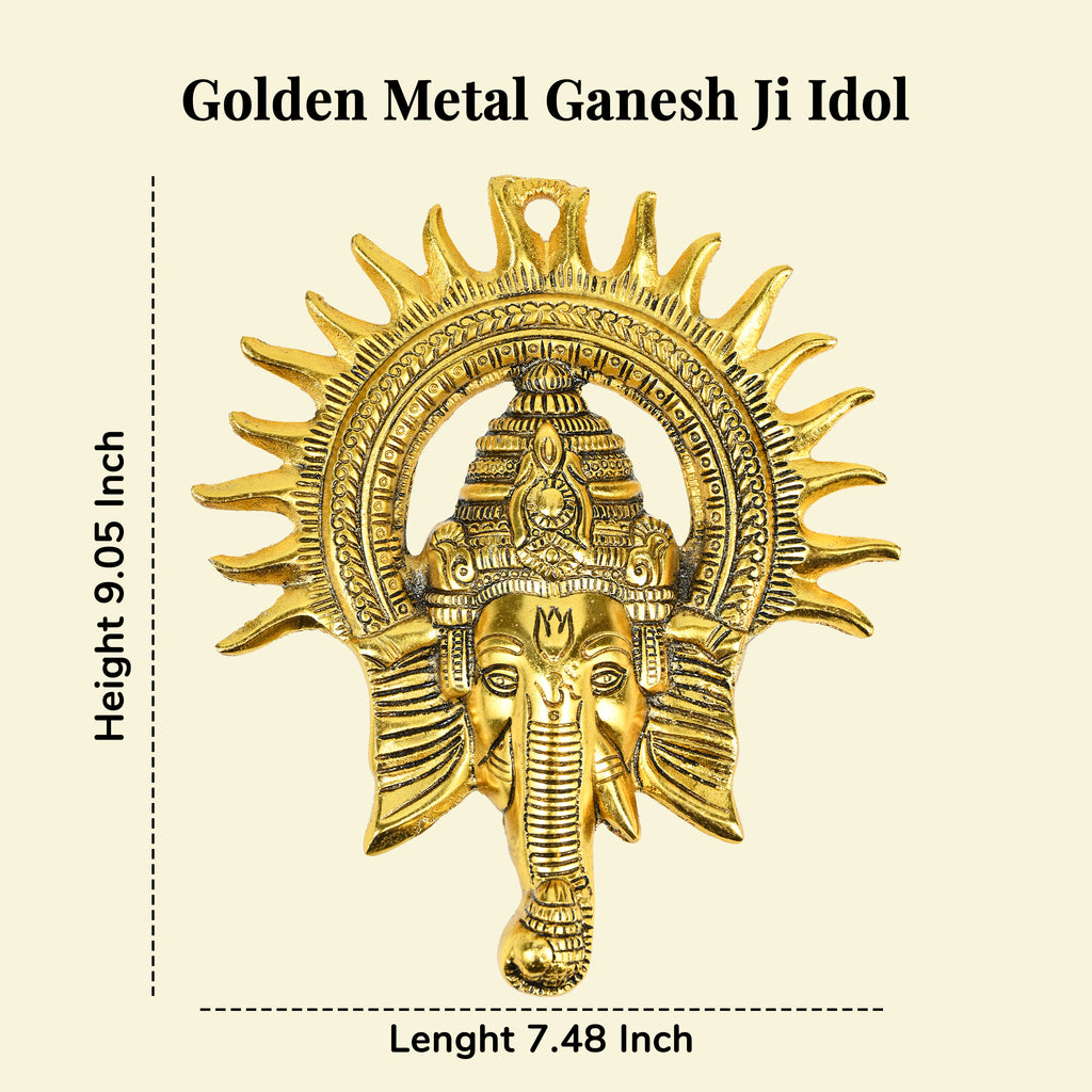 HindCraft Lord Ganesha Wall Hanging with Sun Design | Antique Gold Finish | Metal Wall Décor for Home Entrance, Temple & Office