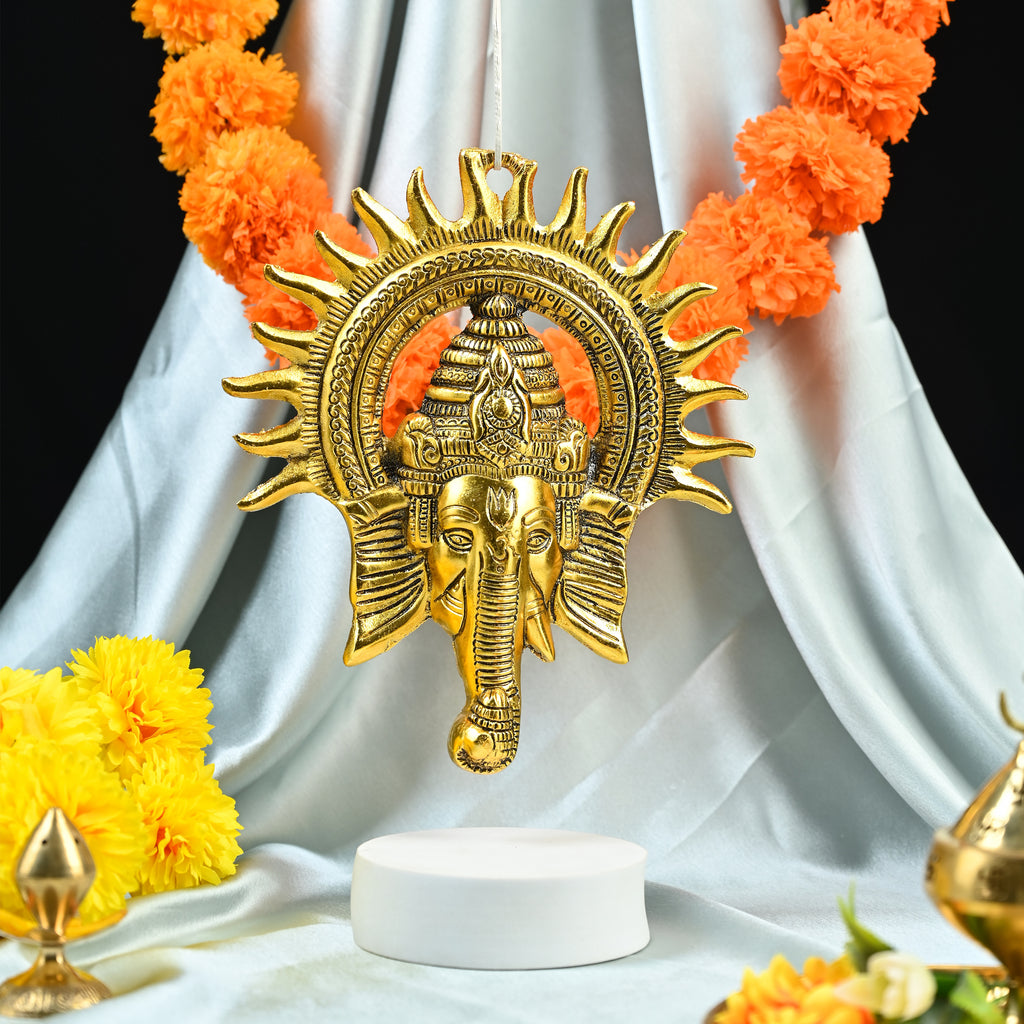 HindCraft Lord Ganesha Wall Hanging with Sun Design | Antique Gold Finish | Metal Wall Décor for Home Entrance, Temple & Office