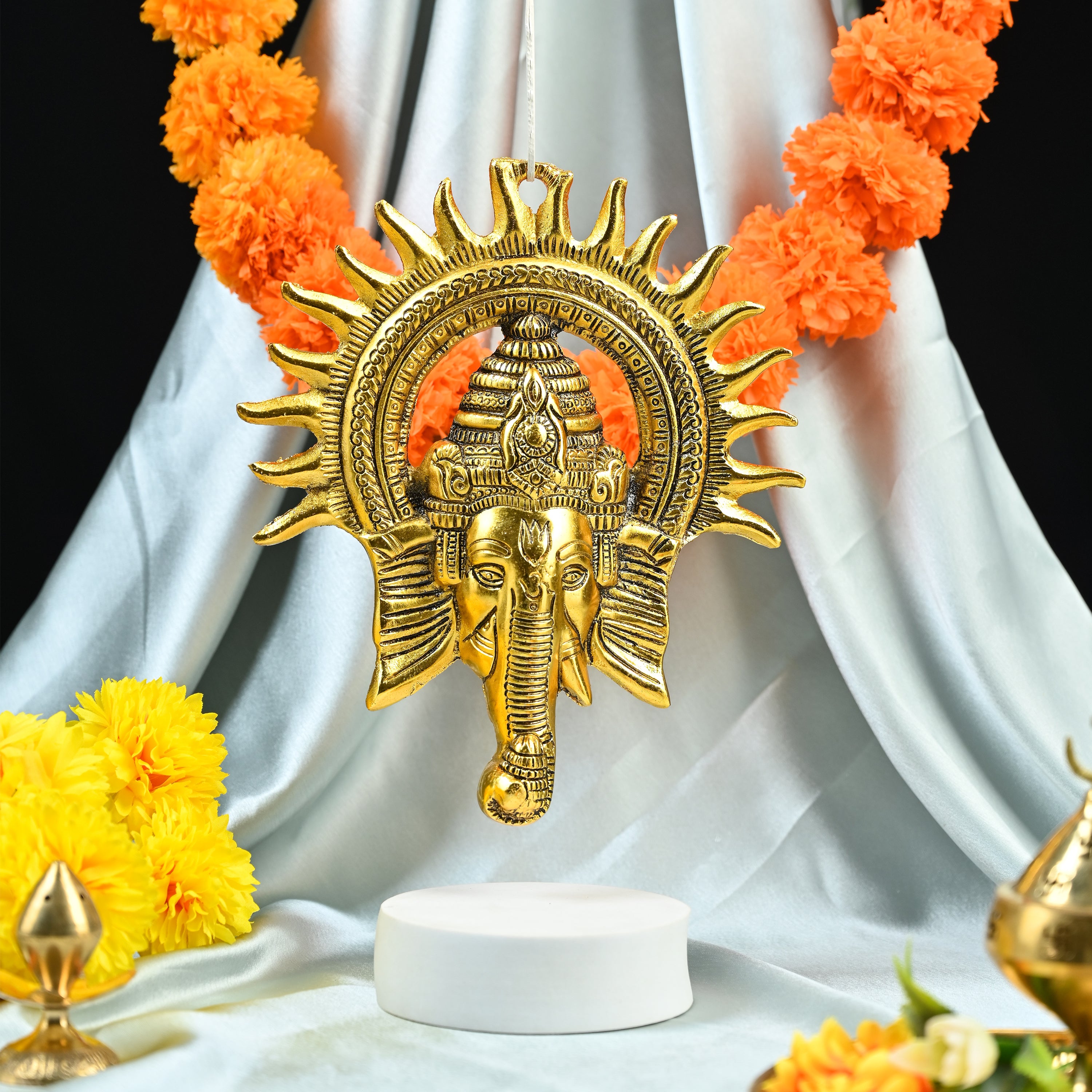 HindCraft Lord Ganesha Wall Hanging with Sun Design | Antique Gold Finish | Metal Wall Décor for Home Entrance, Temple & Office
