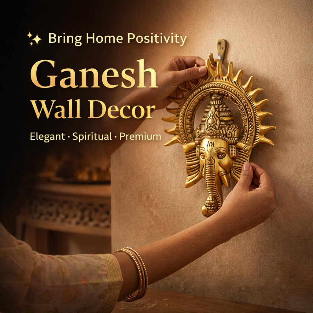 HindCraft Lord Ganesha Wall Hanging with Sun Design | Antique Gold Finish | Metal Wall Décor for Home Entrance, Temple & Office