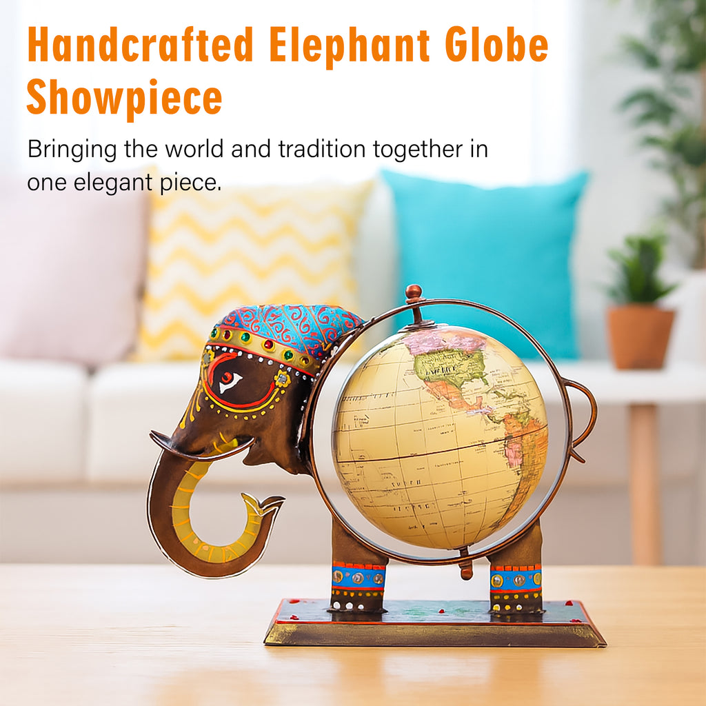 HindCraft Handcrafted Elephant Globe Showpiece for Home, Office Desk, Study Table & Living Room Décor