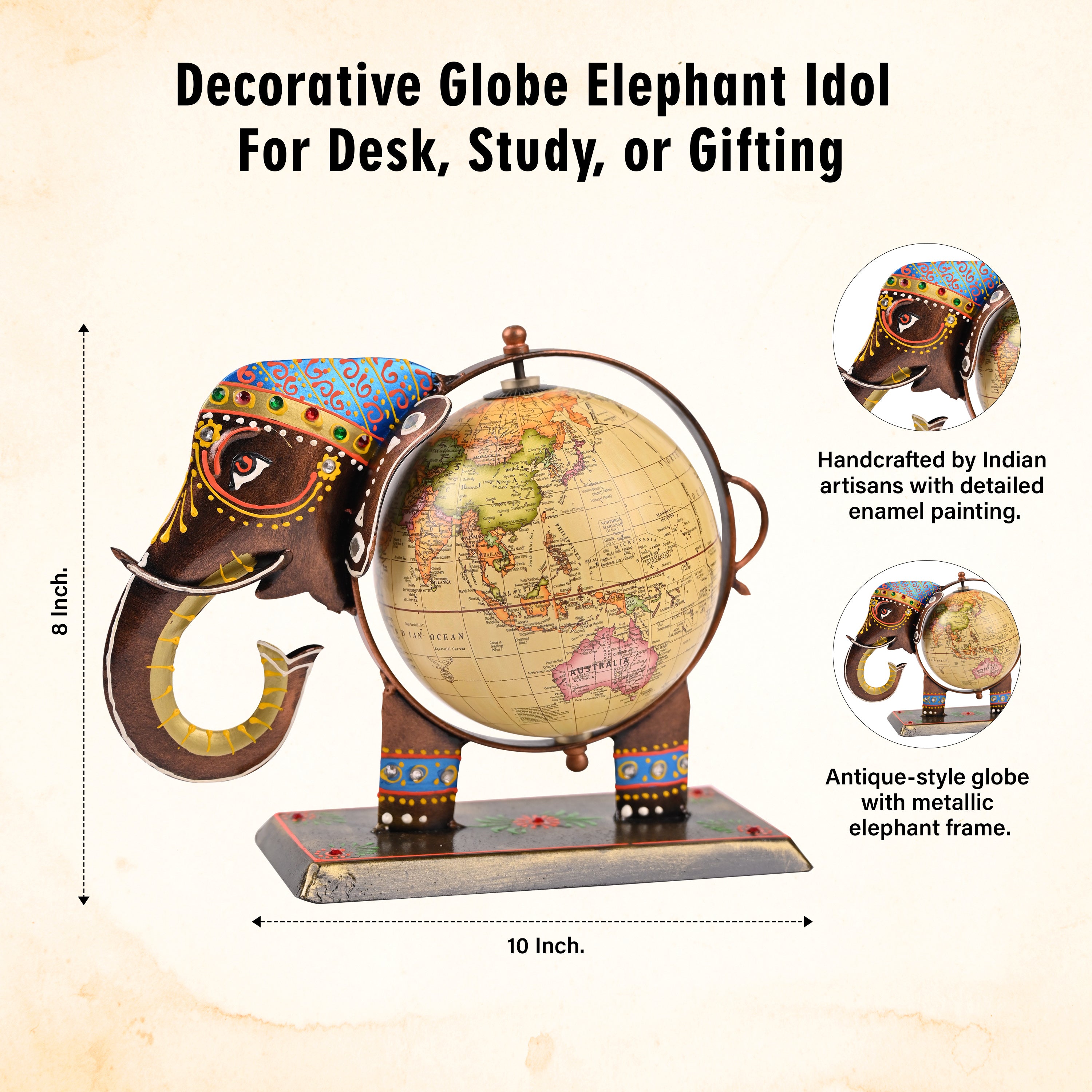 HindCraft Handcrafted Elephant Globe Showpiece for Home, Office Desk, Study Table & Living Room Décor
