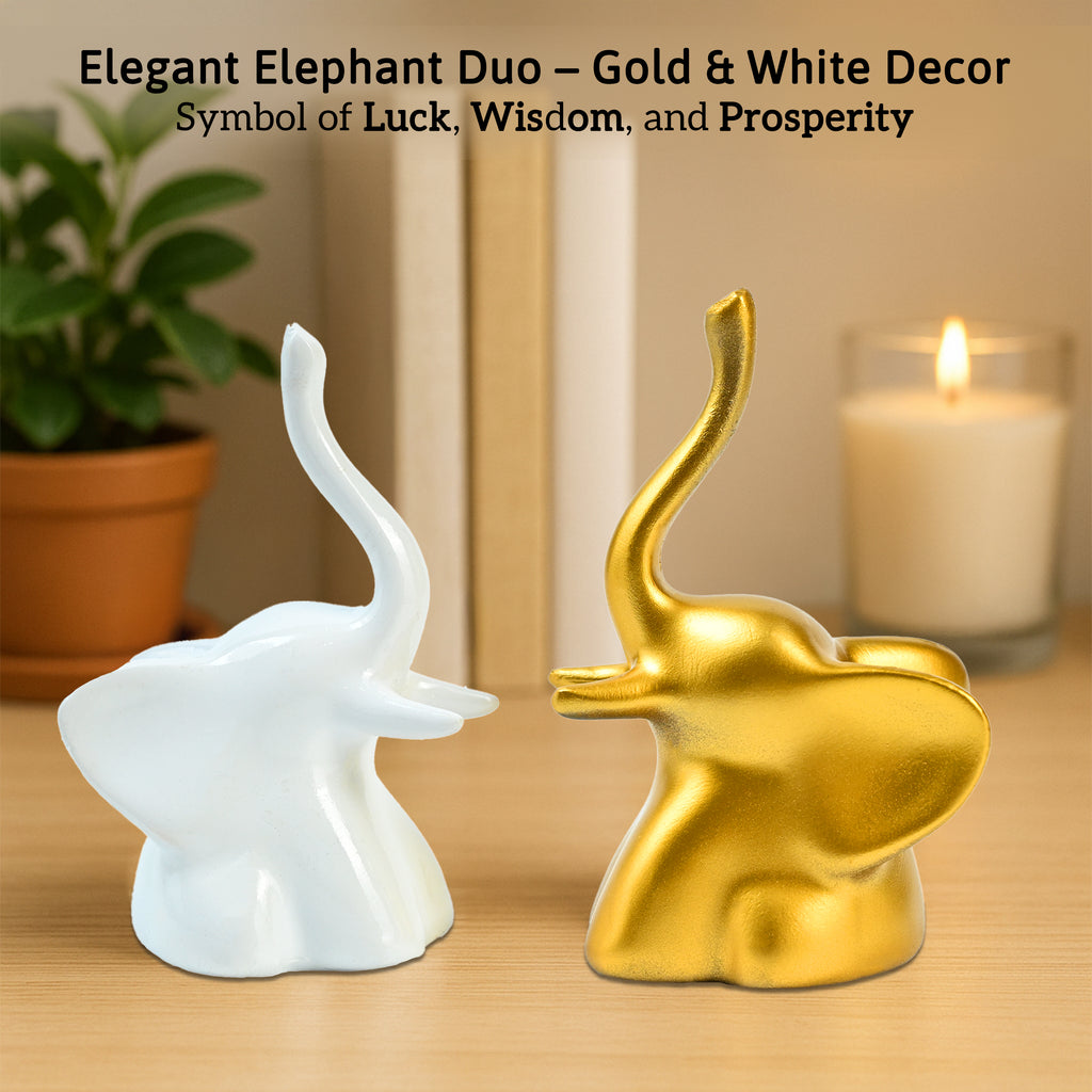 HindCraft Golden & White Elephant Showpiece Set for Home, Office & Table Décor